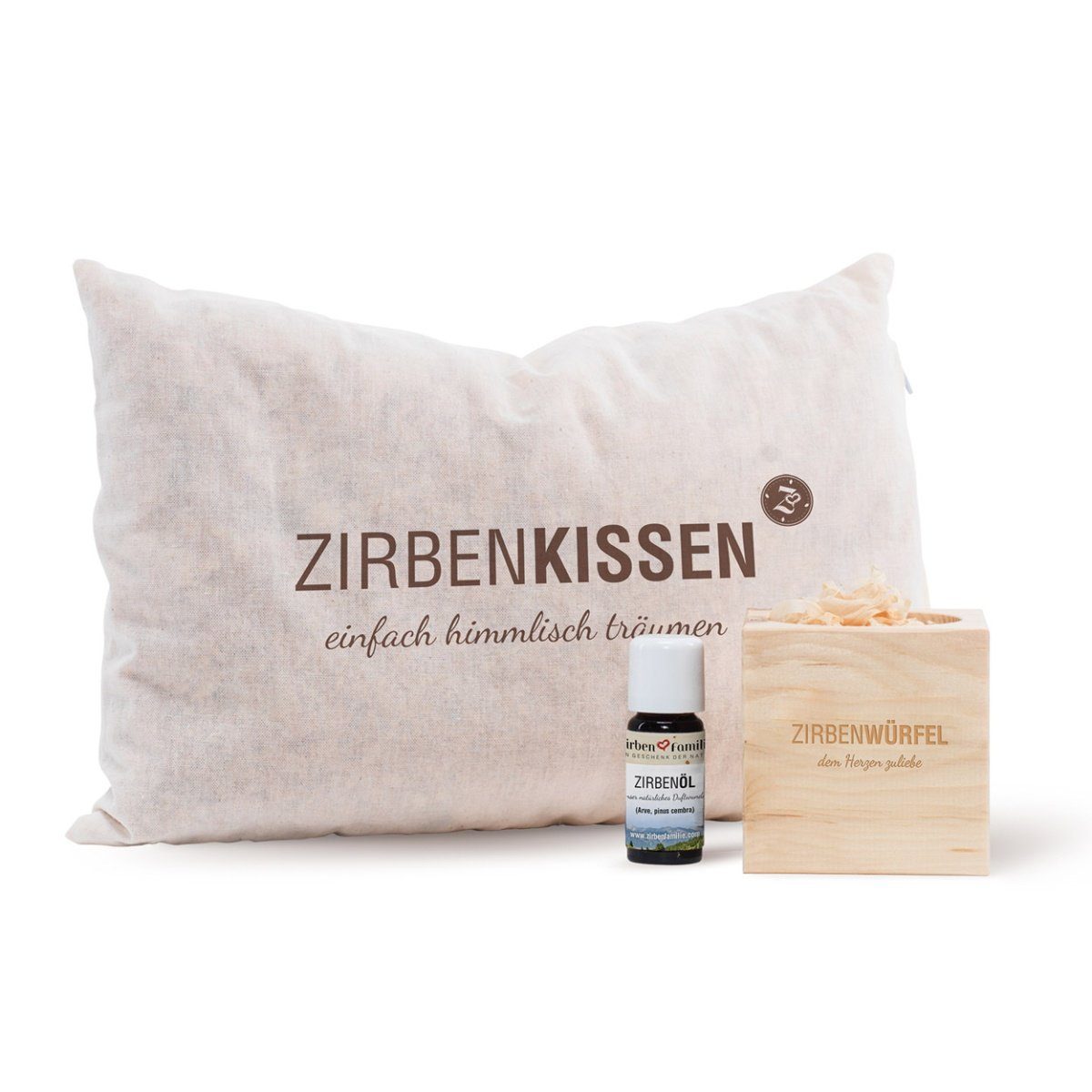 Zirbenfamilie Kopfkissen Gute Nacht Set, Füllung: Zirbenflocken, Bezug: Baumwolle, Kombipack mit Zirbenwürfel, Zirbenflocken und Zirbenöl