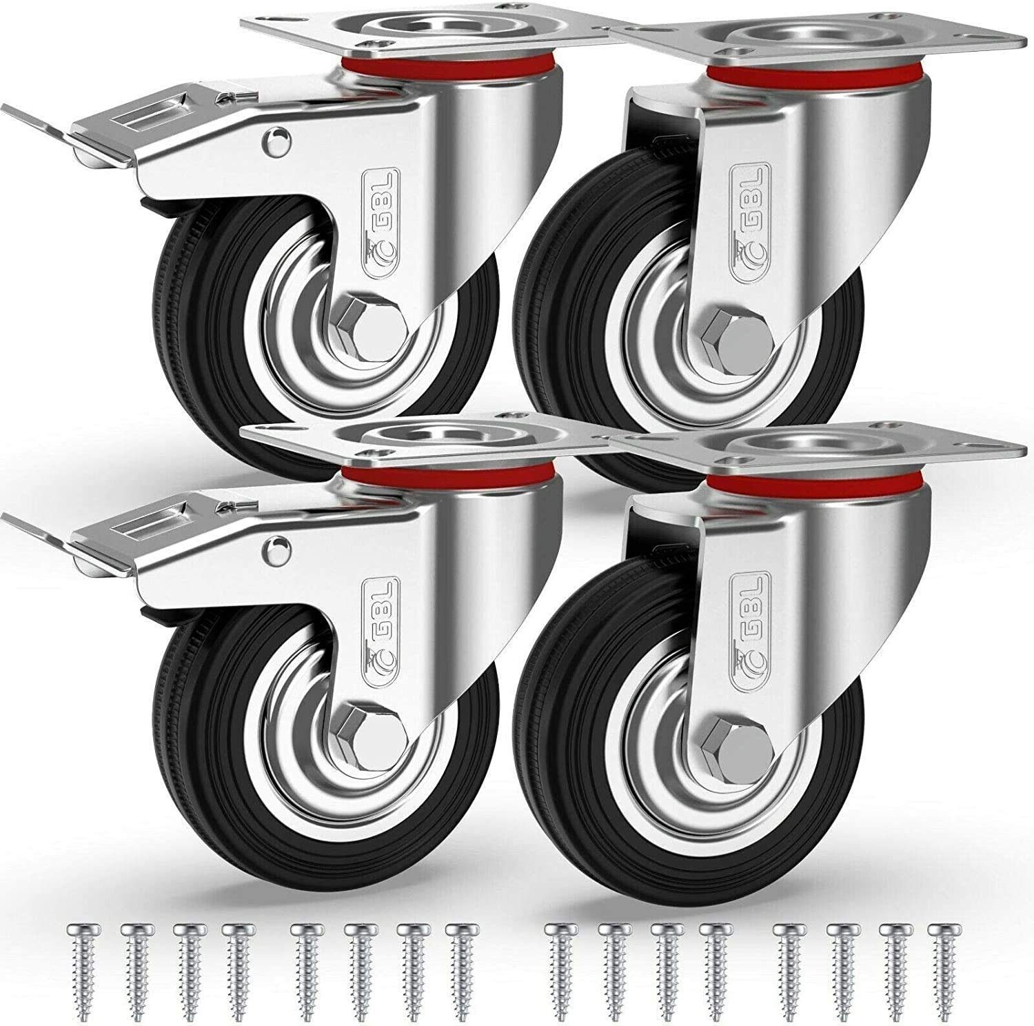 GBL Caster Möbelrollen 2 Bremsen, mit Schwerlast 75mm, Bremsen, 4 Möbelrollen, Schwere Lenkrollen, 75mm, Möbelrolle 200KG, 200KG, 2 Lenkrollen Wheels 4