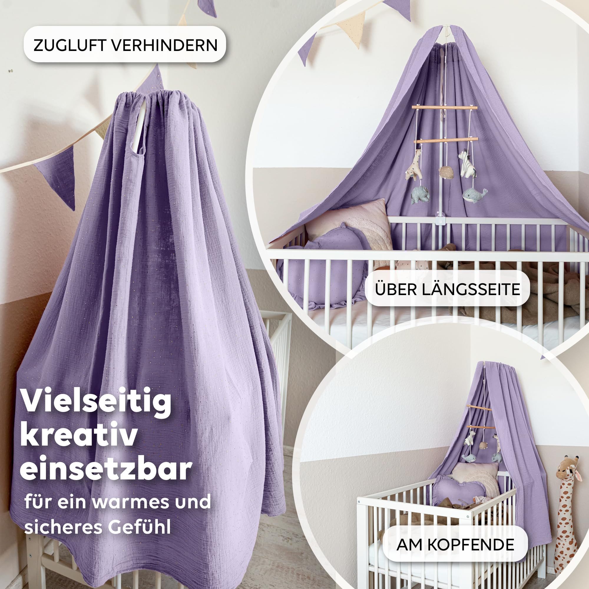 lilimaus Betthimmel Babybett Himmel Gold aus Musselin - handgenähter Baldachin (1-tlg), Betthimmel mit Gold-Details - weich & sanft zu zarter Babyhaut