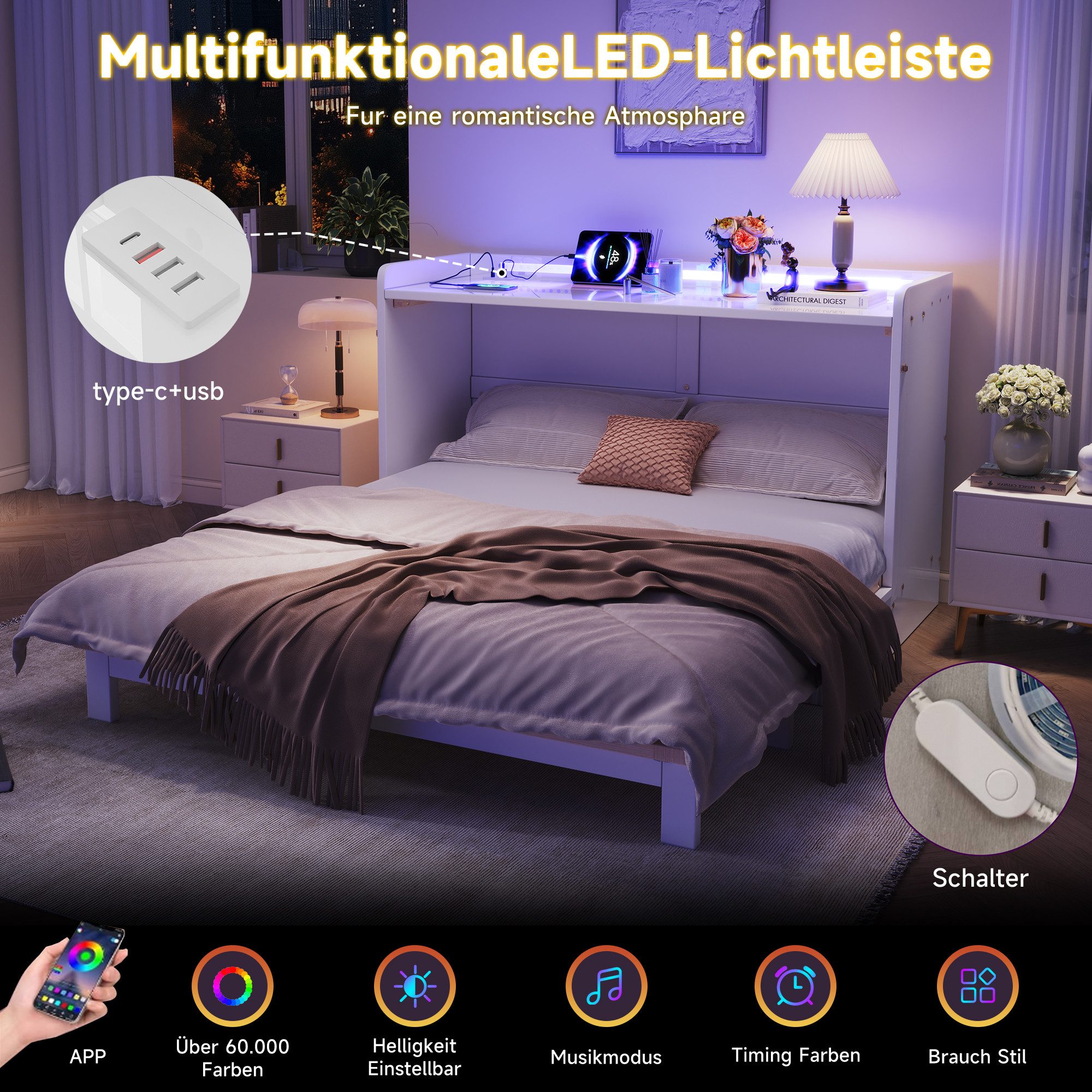Odikalo Schrankbett Polsterbett Einzelbett 140x200 mit LED & USB (Unter dem Bett befinden sich Schubladen, Mit USB und Steckdose, LED-Lichtleiste, Mit Hochglanzplatte, Umbaubares Plattformbett, Ohne Matratze)