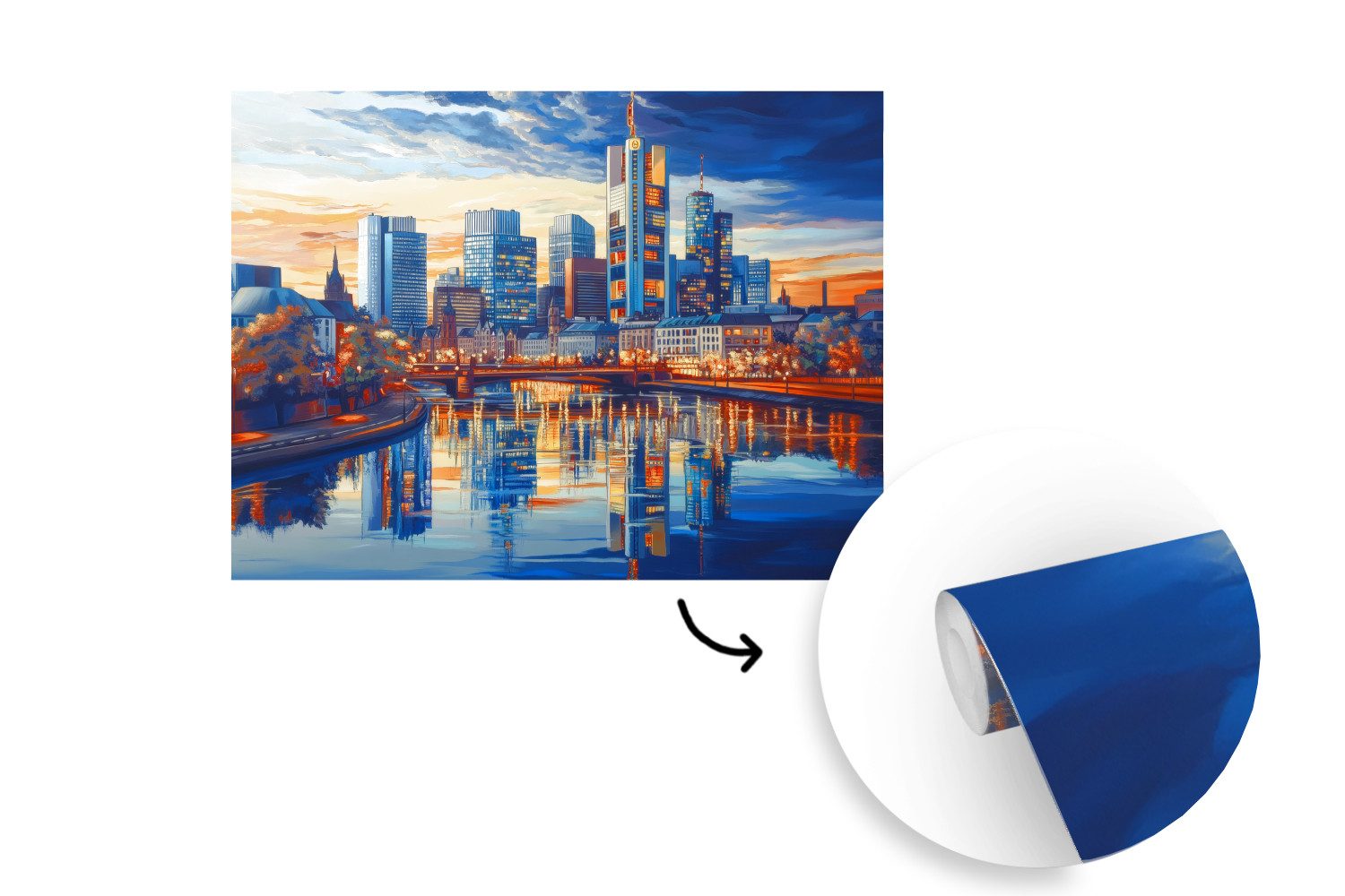 MuchoWow Fototapete Sonnenuntergang Frankfurt - Stadt - Skyline - Wasser, Matt, bedruckt, Montagefertig Vinyl Tapete, Wandtapete, 325x260 cm