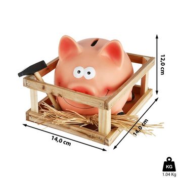 CEPEWA Spardose Sparschwein im Stall mit Hammer 14x12cm