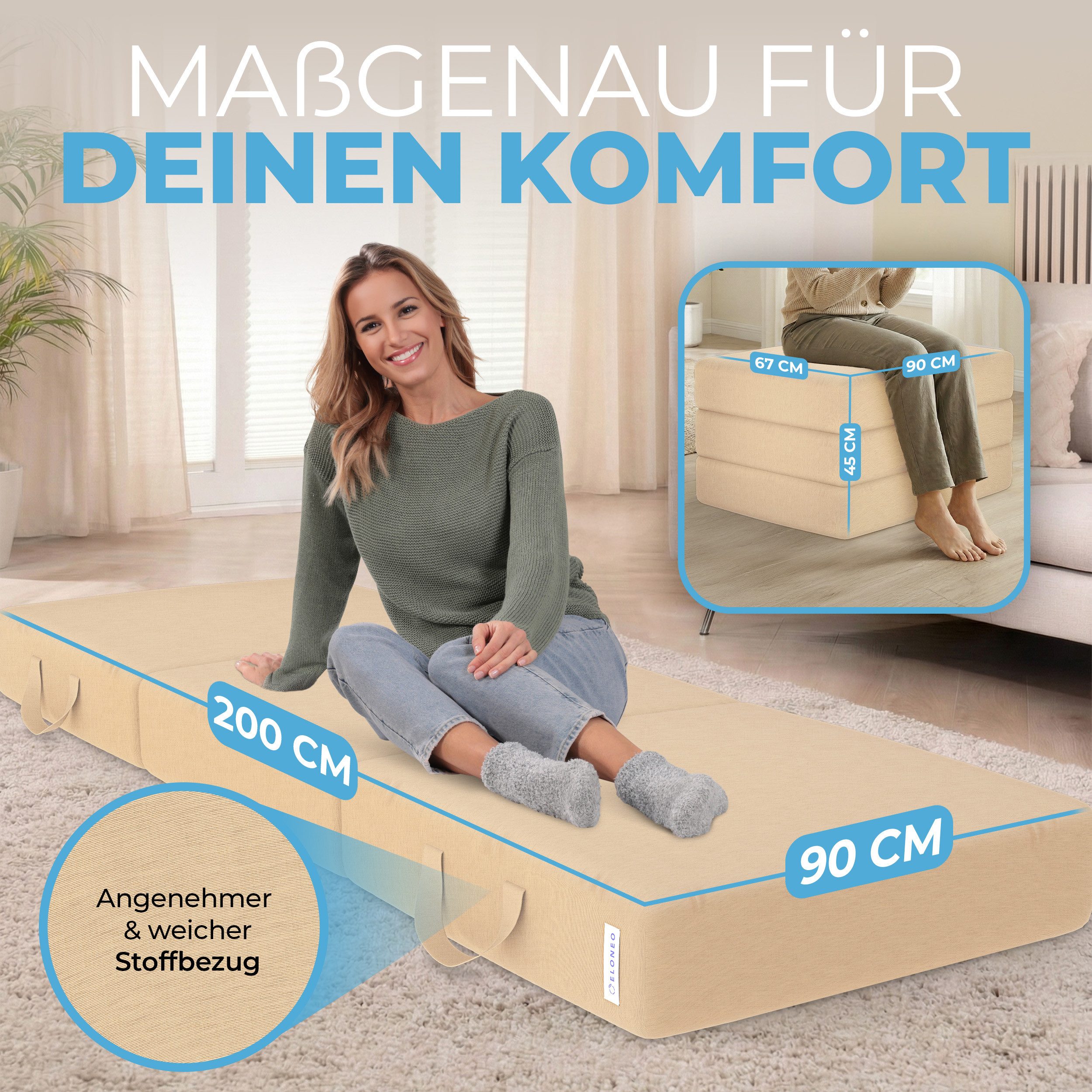 Klappmatratze 3-teilig, Gästematratze mit extra dickem Schaumstoff, ELONEO, 15 cm hoch, waschbarer Bezug, geeignet für Hausstauballergiker, schadstoffgeprüft