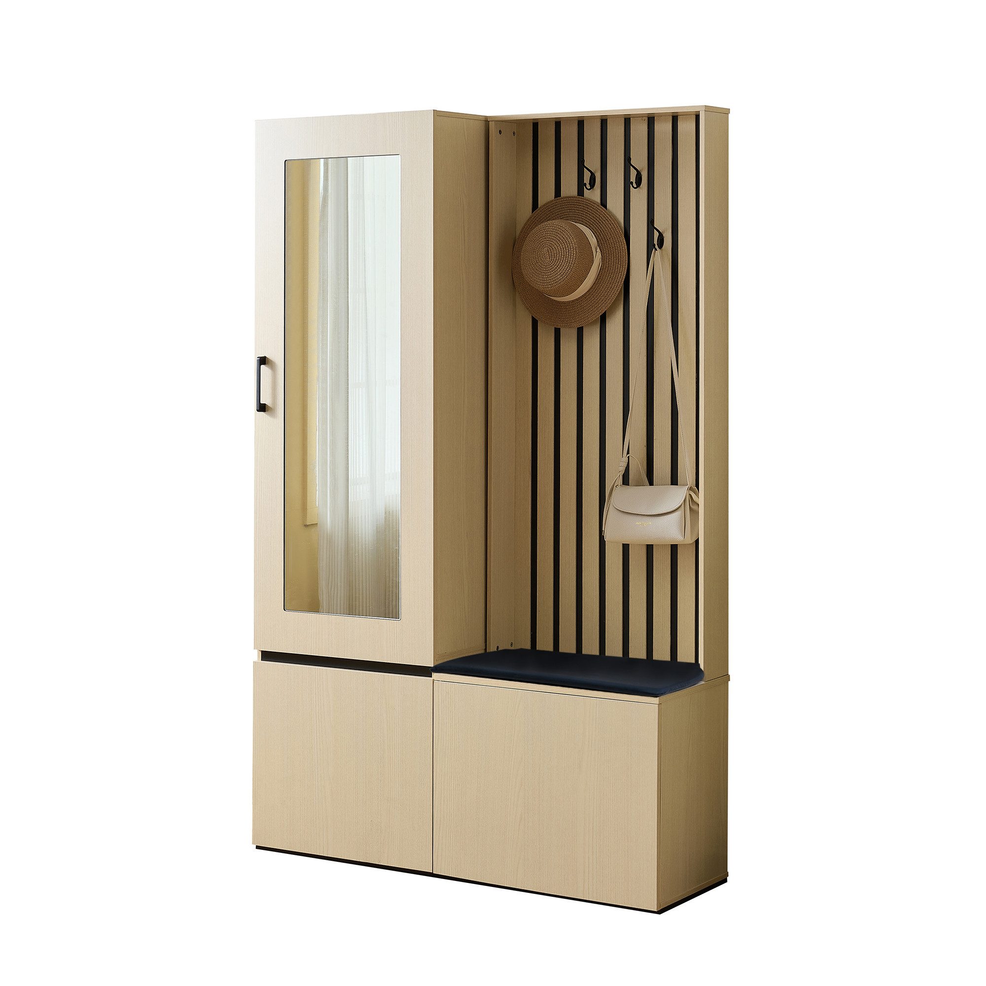 Refined Living Garderoben-Set ScKombinierter Garderobenschrank mit Spiegel und Sitzbank, (Modernes Flurmöbel-Set mit ausziehbarer Kleiderstange, Schuhablage, 4 Haken und Polsterbank, Schuhbank mit Aufbewahrung, Garderobe, 2-St., 2-in-1 Funktionalität, Langlebig & einfache Montage, Großer Stauraum), Holzoptik, für Flur, Schlafzimmer, Eingangsbereich, Wohnzimmer,Wohnung