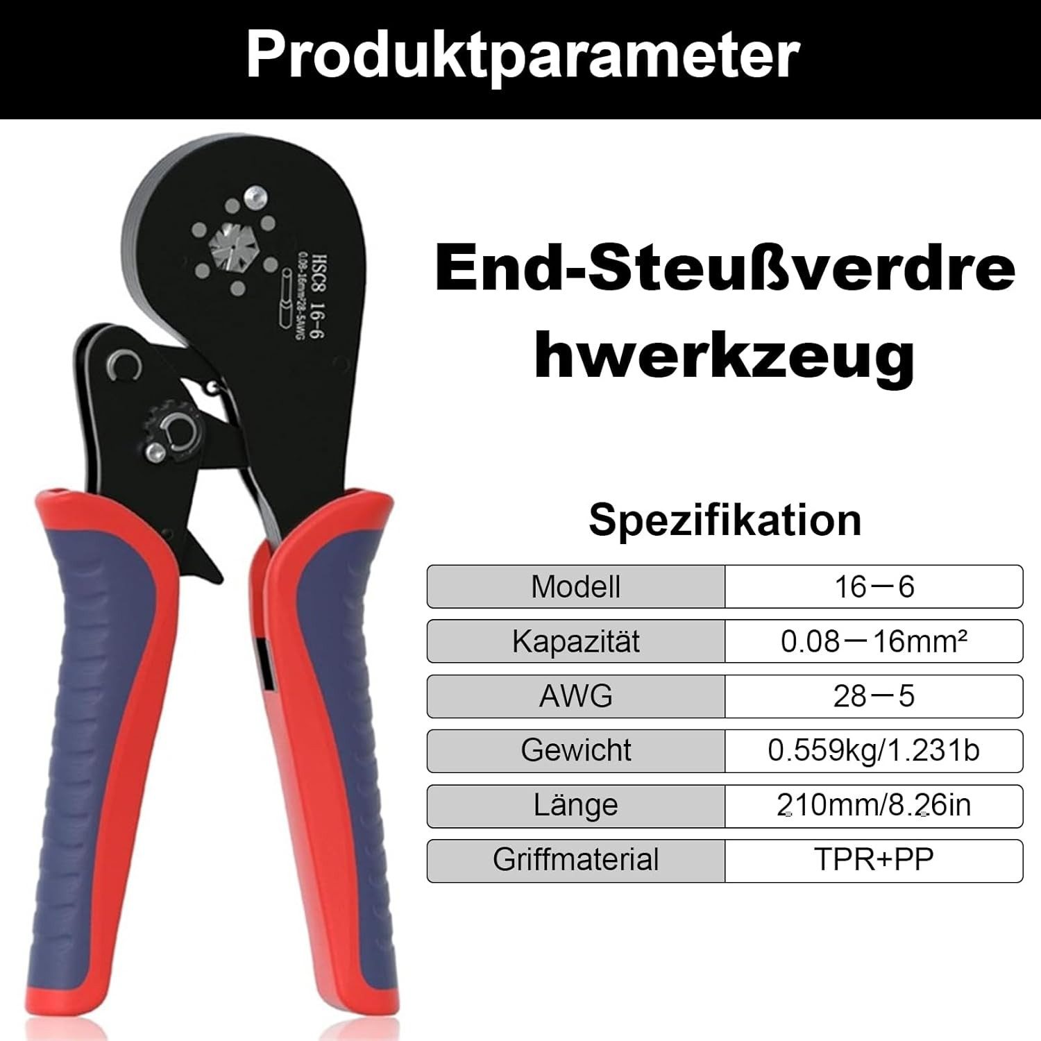 BlingBin Crimpzange Aderendhülsenzange Crimpzangen Aderendhülsen Presszange, 1er Set 1-tlg., Crimpbereich: 0,08–16 mm² (30–16 AWG), Crimpzange für Aderendhülsen Kabelverbinder aus Kohlenstoffstahl
