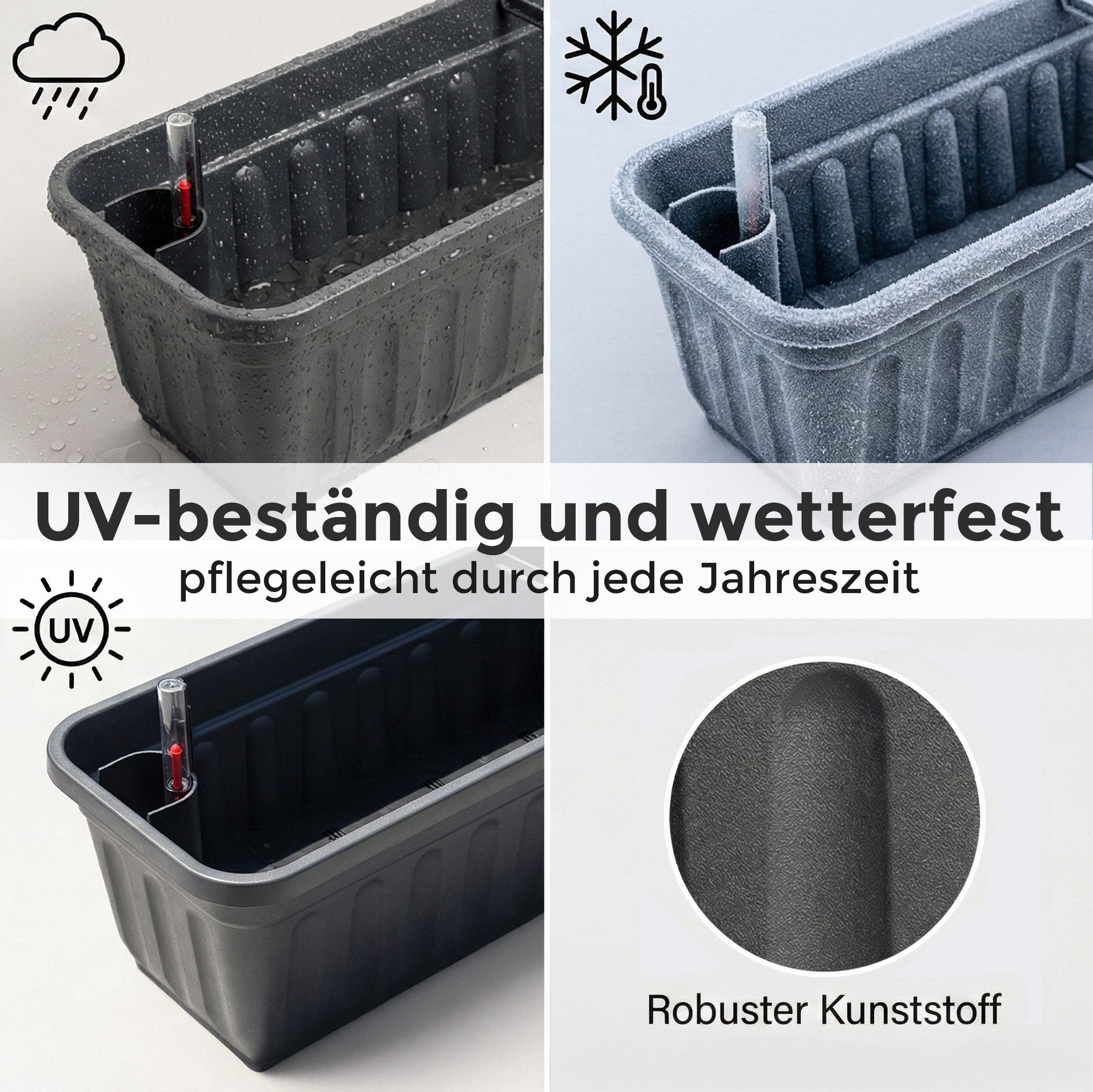 Hausfelder Blumenkasten Balkonkasten mit Wasserstandsanzeiger, Pflanzkasten 4er Set, 60cm (4er Set, 4 St., Jedes Set enthält: Füllstandsanzeiger, Boden, Pflanzk – Bild 4 von 5