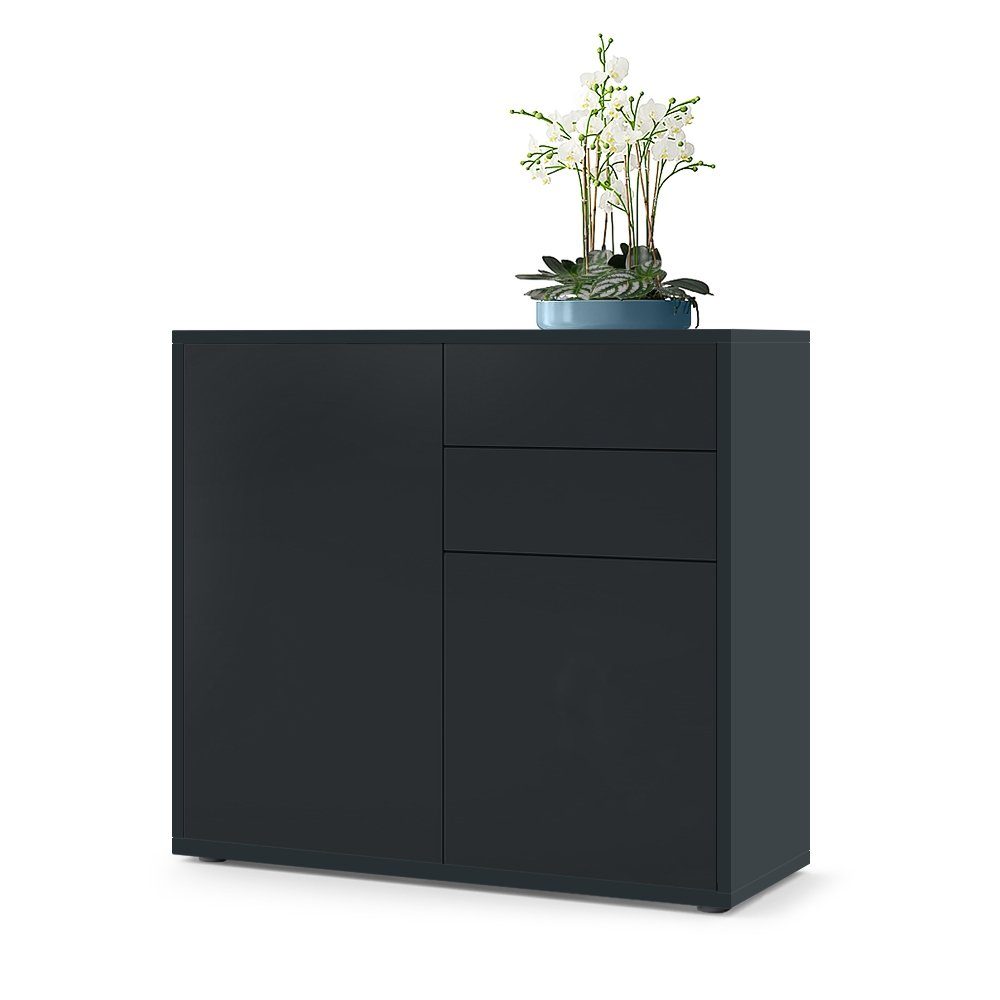 Vladon Kommode Ben V1 (Kommode, mit 2 Türen und 2 Schubladen), Schwarz matt/Schwarz matt (79 x 74 x 36 cm)