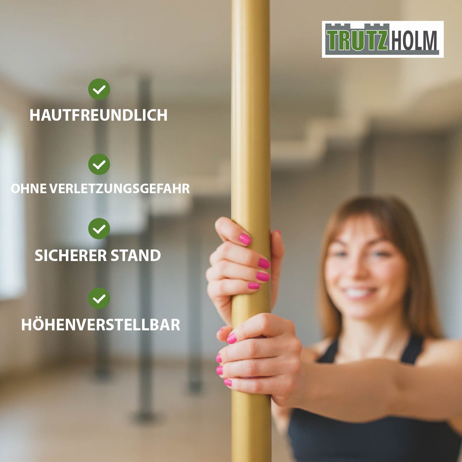 TRUTZHOLM Pole Dance Stange Tanzstange Gold Profi 231–274 cm Ø45 mm Static & Spinning, Höhenverstellbar, für Zuhause, Party, Club