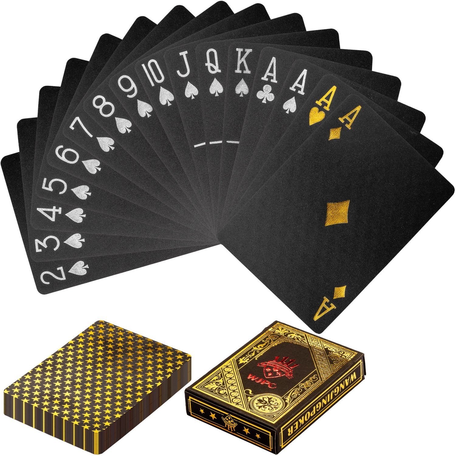 GAMES PLANET Spielesammlung, Games Planet® Design Pokerkarten aus Kunststoff, Varianten: Gold / Black Gold / Black Silver, Poker Plastik Spielkarten Schwarz - Gold