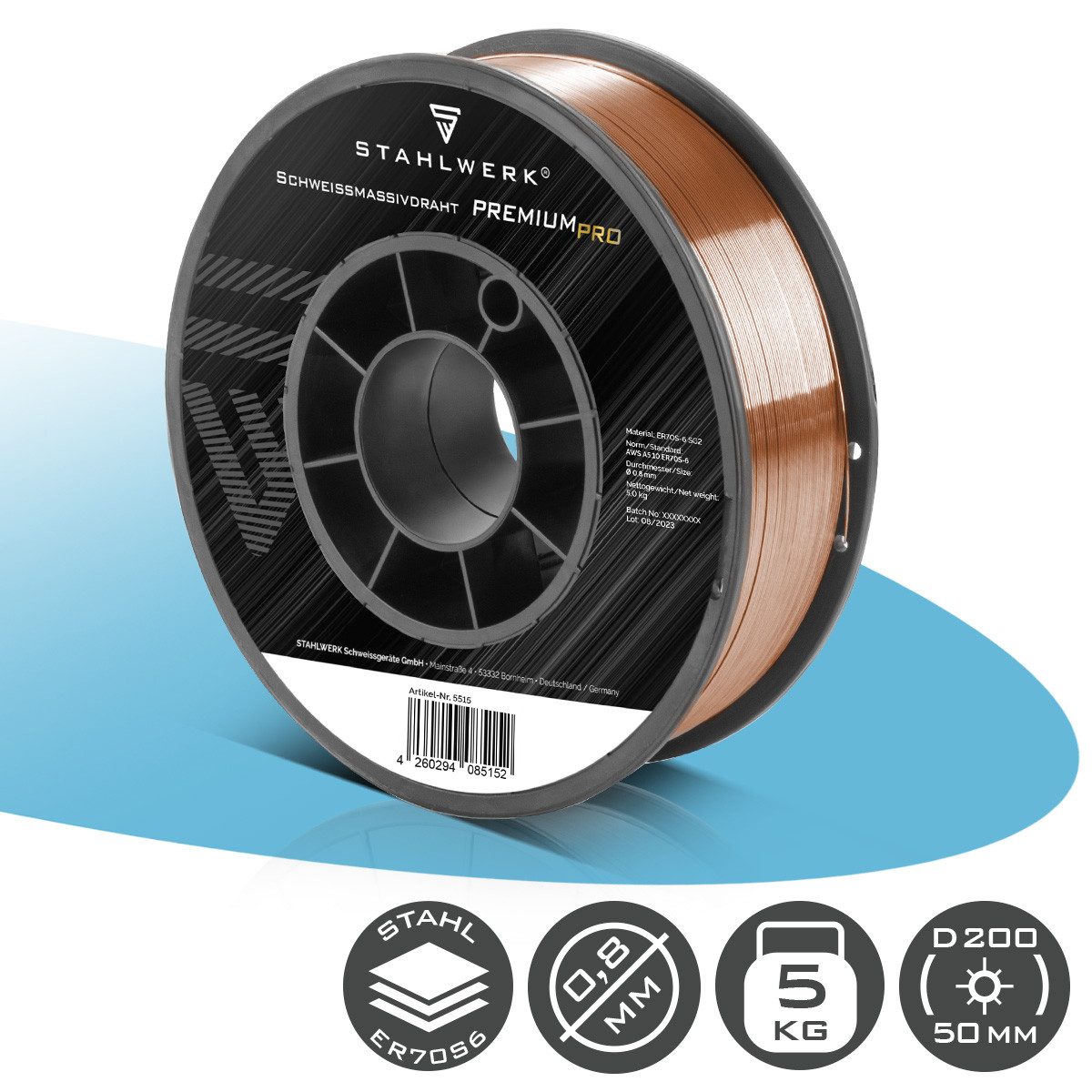 STAHLWERK Schweißdraht 0,8 mm MIG MAG ER70S-6 SG2 auf D200 Drahtrolle 5kg, (Packung), hohe chemische Reinheit für beste Schweißergebnisse