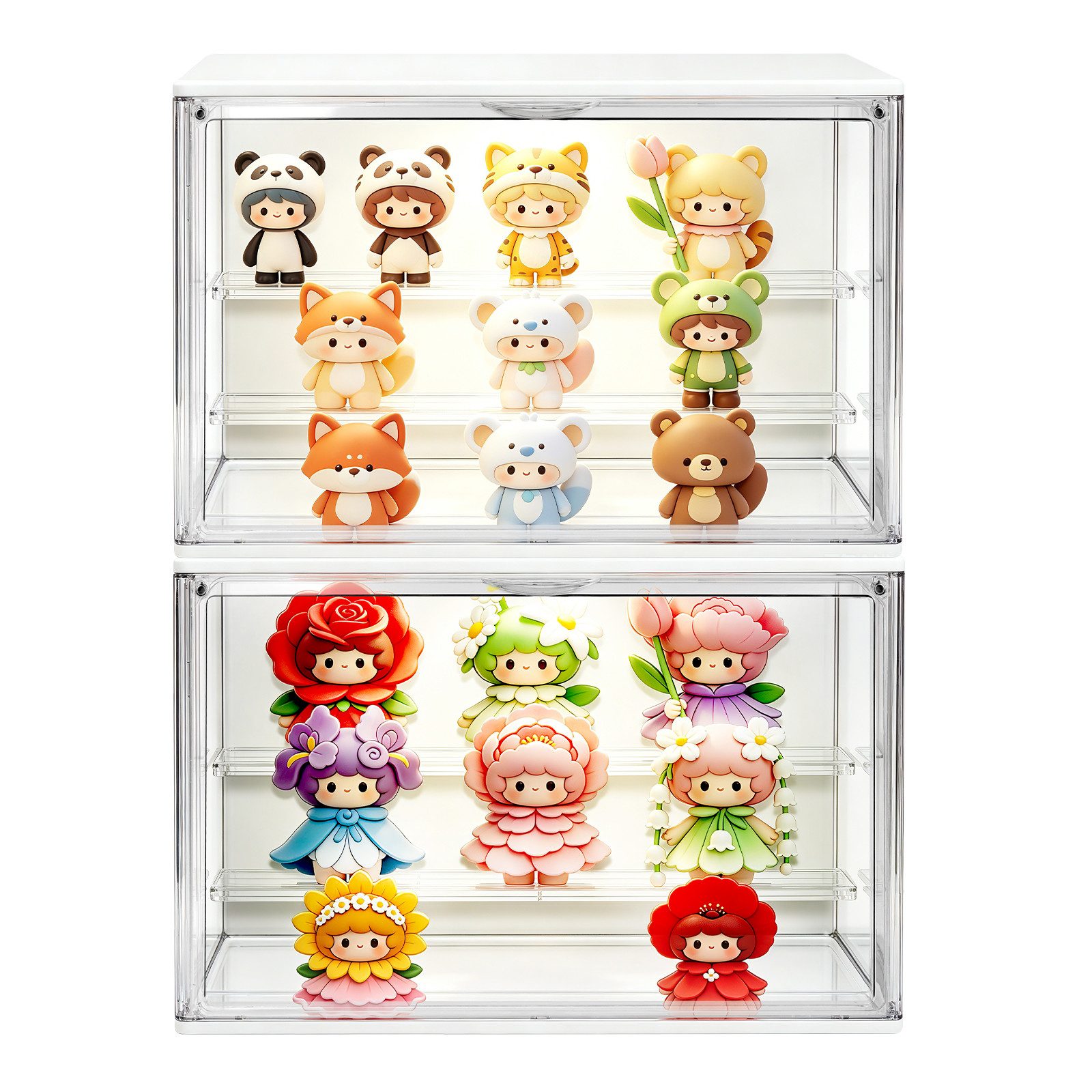 XIIW Vitrine LED Transparente Displaybox Acryl Organizer Schaukasten Aufbewahrungs (Set, 2-St., 36×22×18cm Stapelfähig mit Magnettür) 3 Ebenen mit Stufen-Steckboden