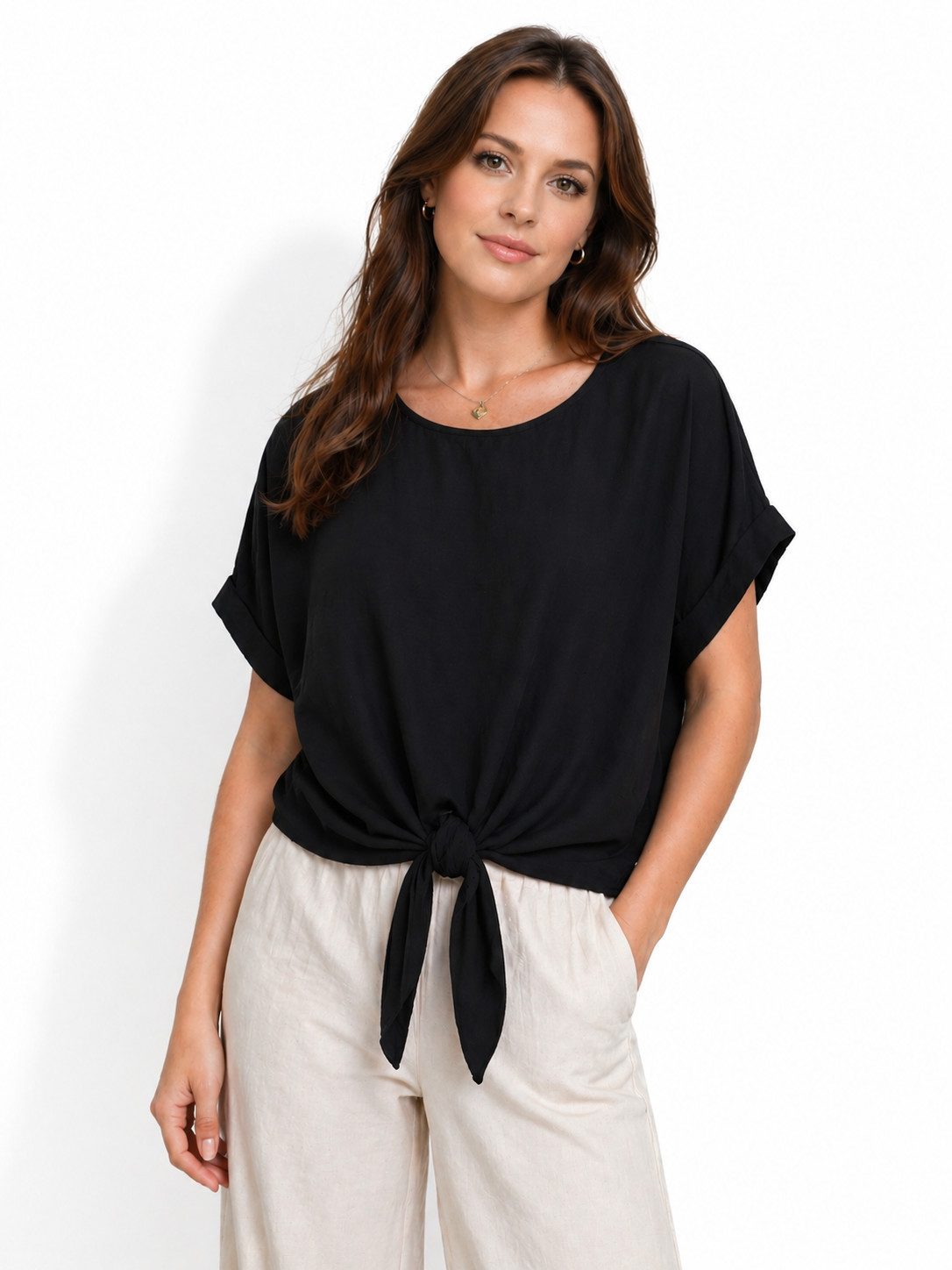 ITALY VIBES Kurzarmbluse - sommerliche Bluse - Blusenshirt Damen mit Knotendetail ONE SIZE / passend für Größe S - L