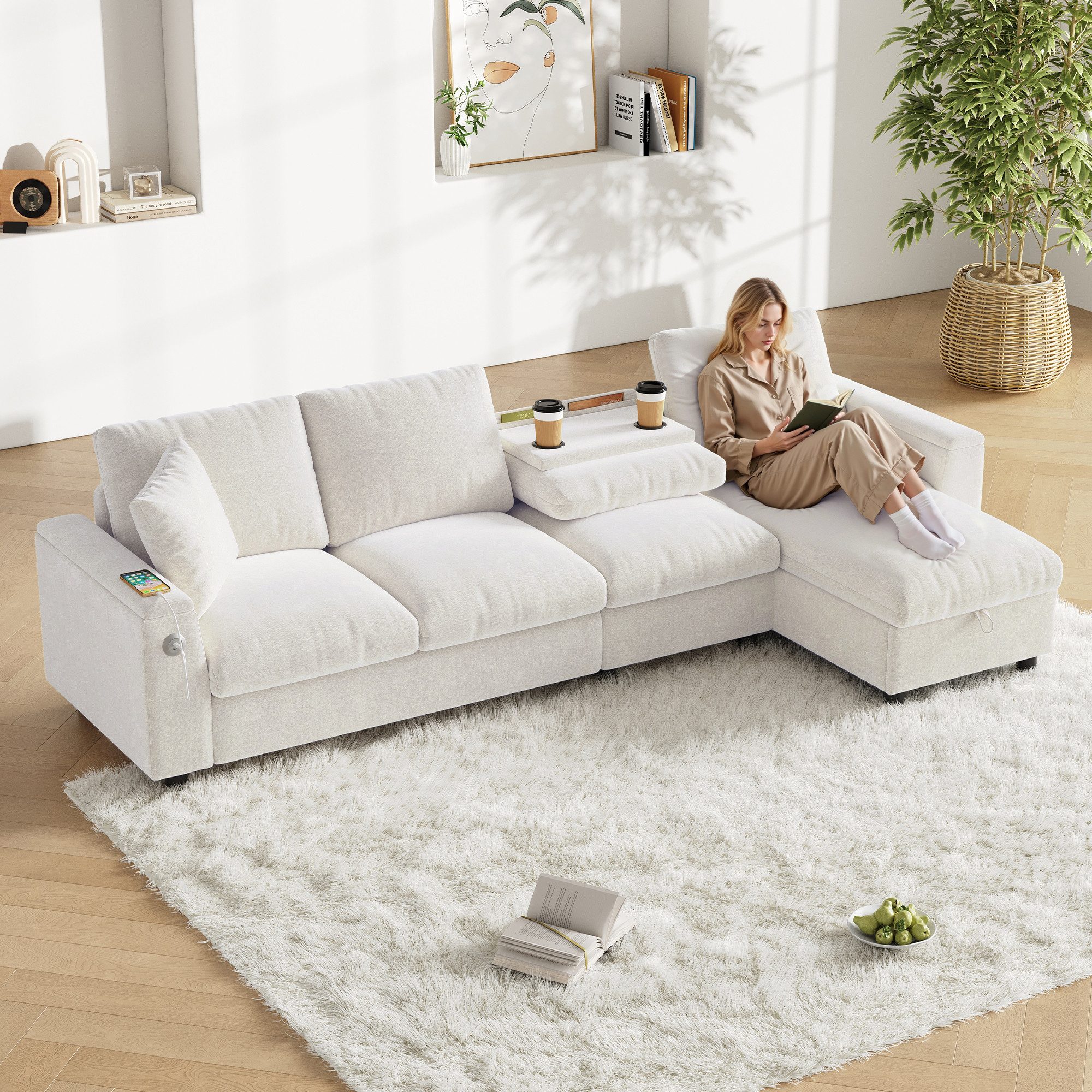 i@home Ecksofa L-förmiges Sofa, 3-Sitzer Sofa, ausklappbarer Couchtisch mit zwei Getränkehaltern, 1 USB und 1 Typ-C, Eckcouch