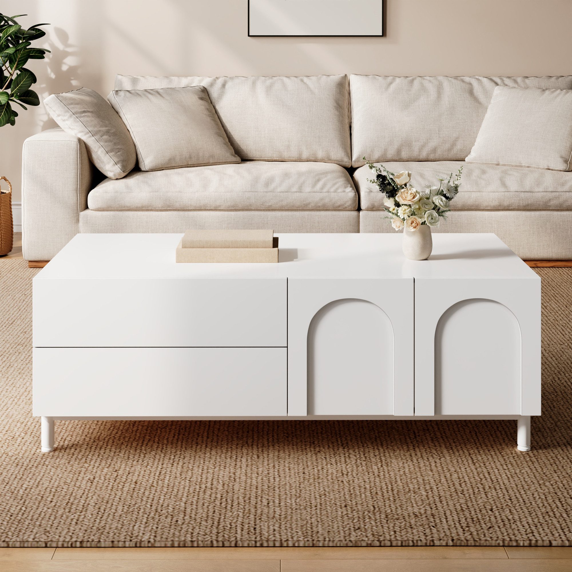 Merax Couchtisch mit 2 Schubladen, 2 Türen & Stahlrohr-Füßen (Beistelltisch Aufbewahrungstisch, 1-St., 100 L x 50 B x 39,5 H cm), Wohnzimmertisch mit Bogen-Design, Sofatisch mit Stauraum