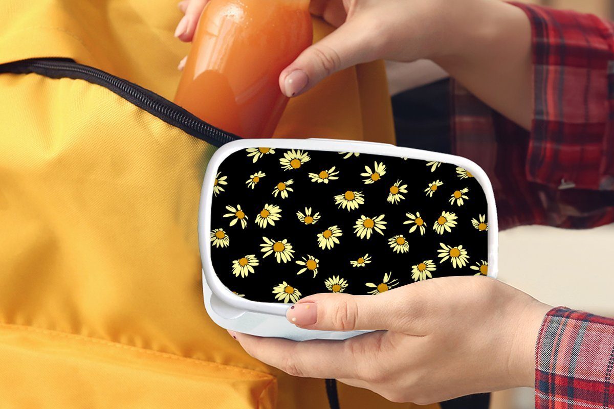 Schwarz Brotbox - Gänseblümchen Mädchen MuchoWow weiß Lunchbox Kinder Kunststoff, Muster, für Jungs für Brotdose, (2-tlg), - und Erwachsene, und
