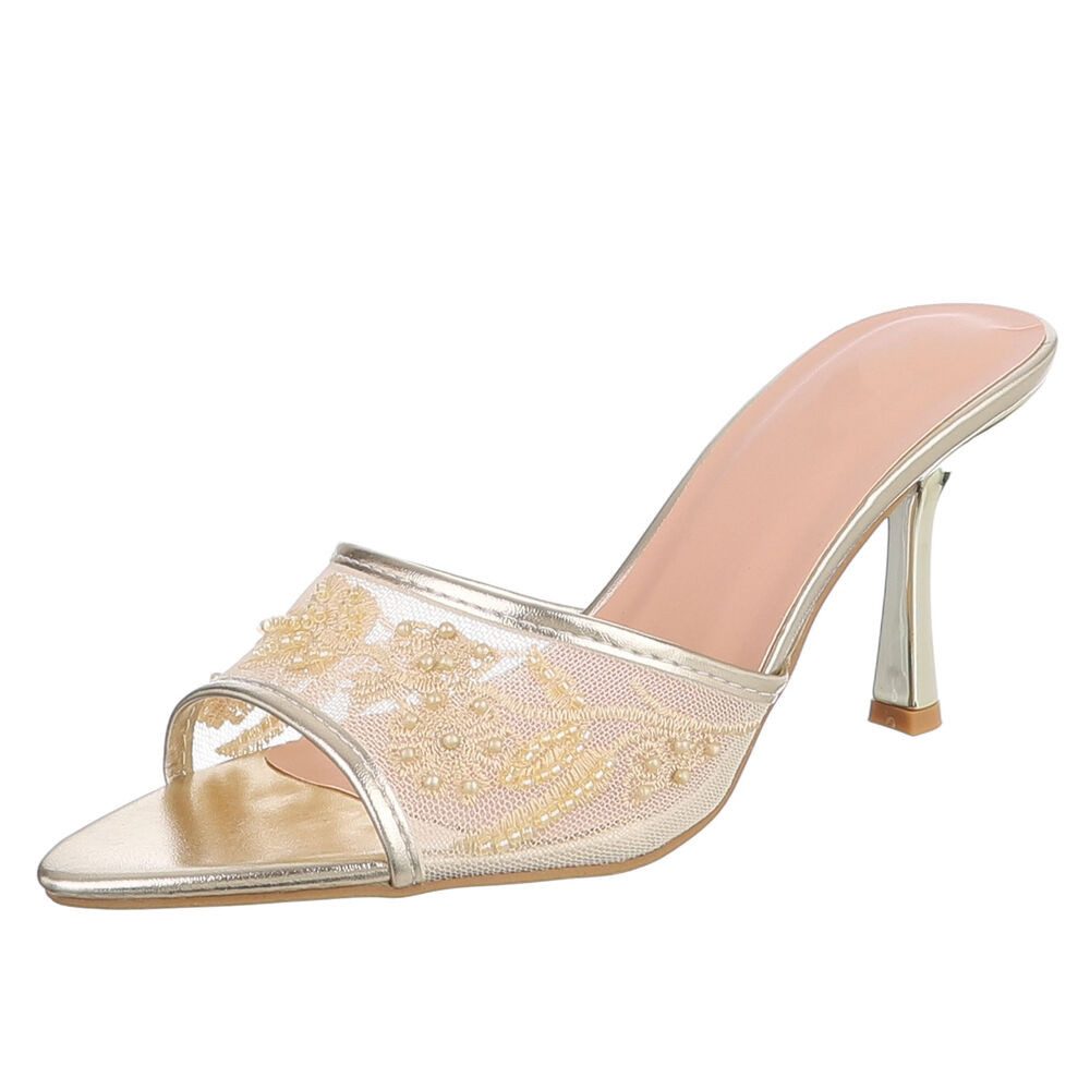 Ital-Design Damen High Heel Mule mit Stickerei & Perlen Pantolette (92214417) Pfennig-/Stilettoabsatz Sandalen & Sandaletten in Gold