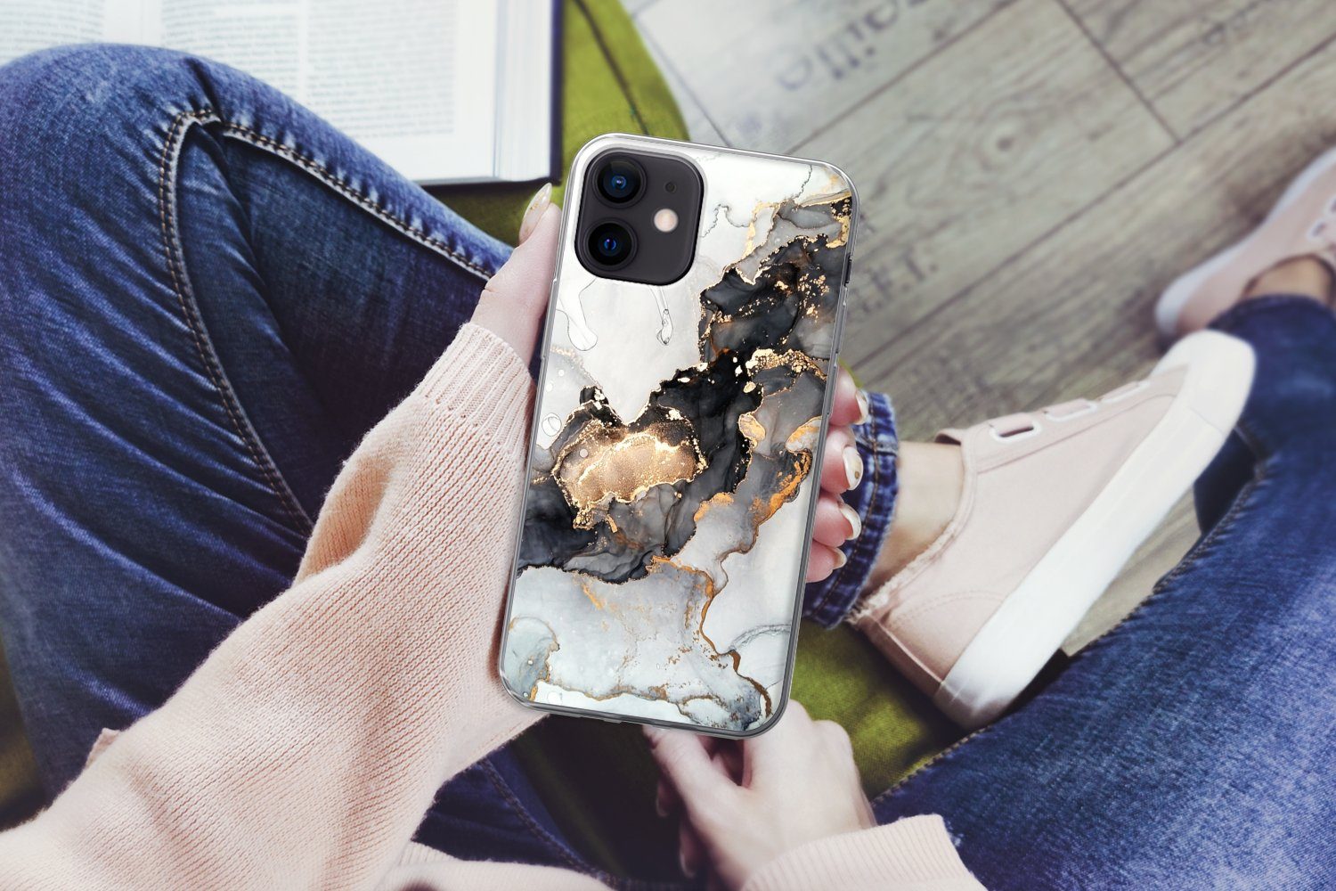 MuchoWow Handyhülle für Apple iPhone 12 Mini Marmor - Schwarz - Weiß - Gold - Luxus - Abst, Smartphone-Bumper, Print, Handy Schutzhülle Dünn