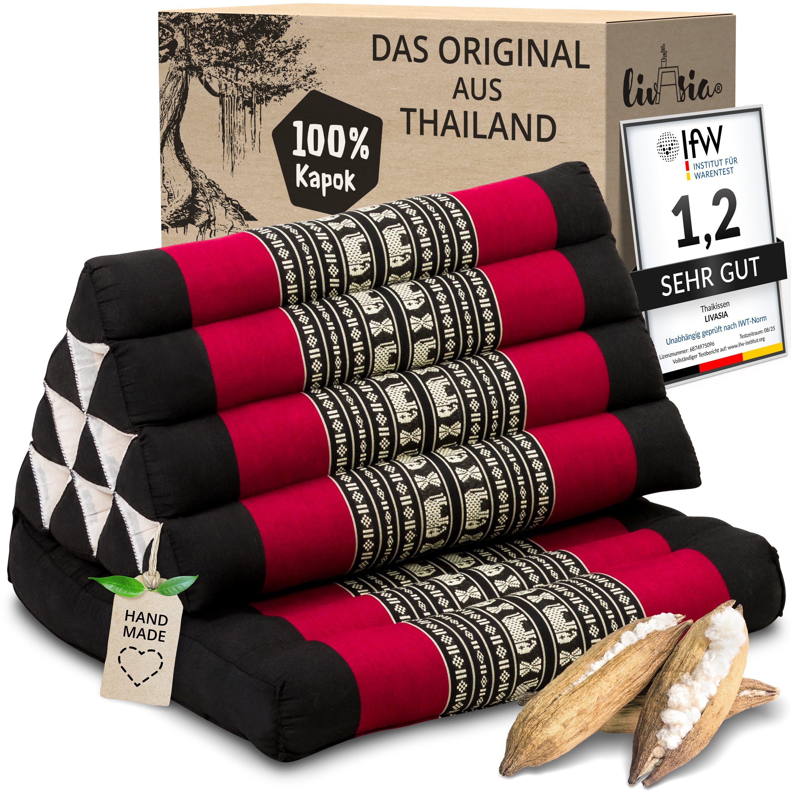 livasia Sitzsack Thaikissen 1 Auflage, vegan und handgefertigt, 75x50x8cm, Kapok