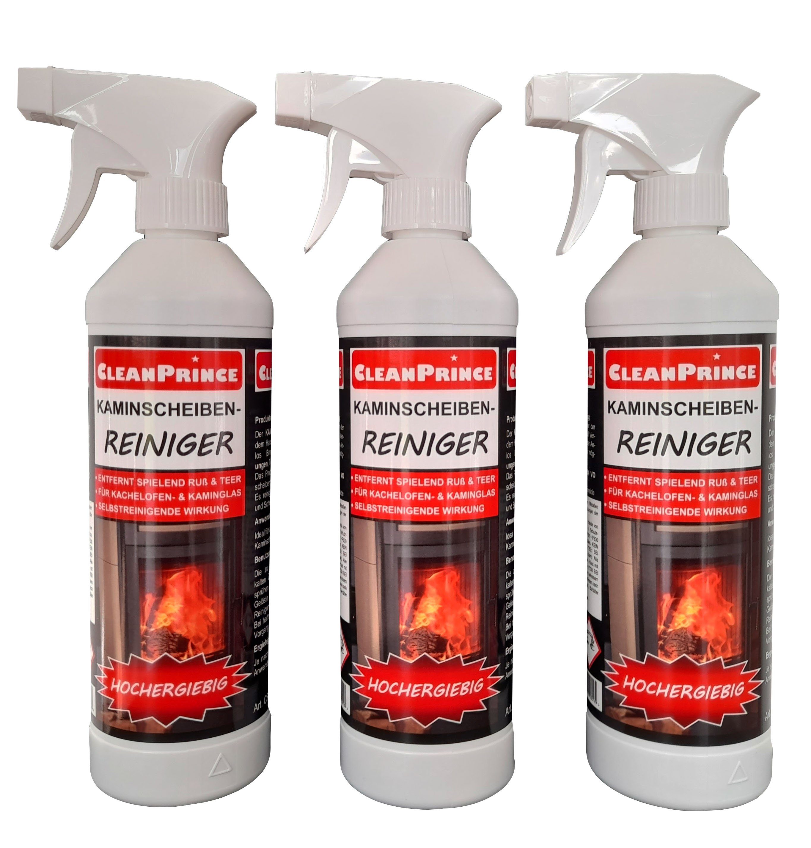 CleanPrince Kaminscheibenreiniger 3 Stück à 500 ml Reinigungsspray (reinigt selbsttätig ohne Schrubben und Scheuern)