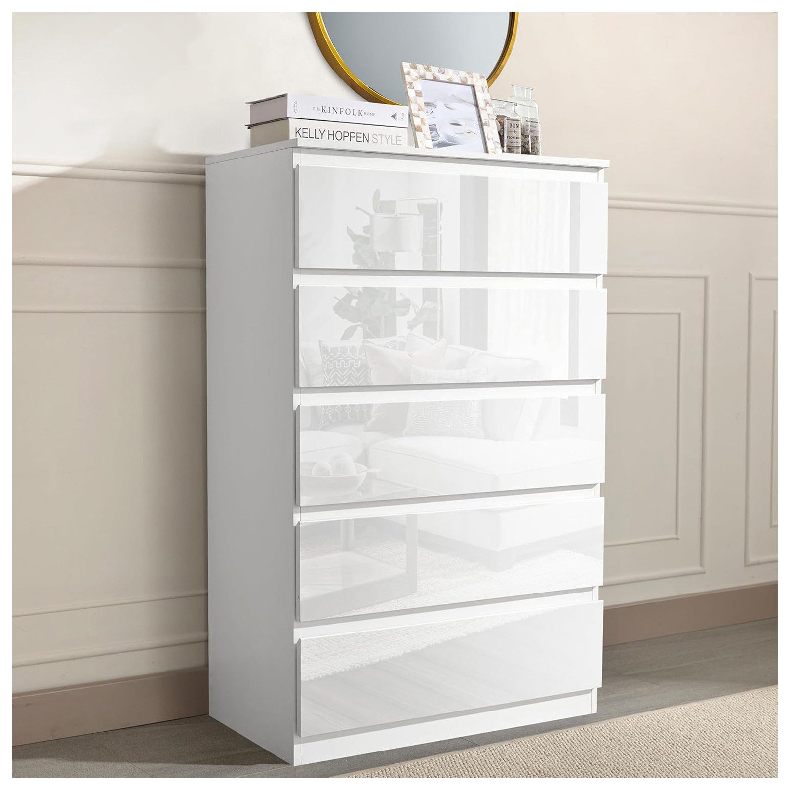 HTI-Living Sideboard Sideboard Kenji 5 Schubladen Hochglanz Weiß (Stück, 1 St., 1 Sideboard), Kommode