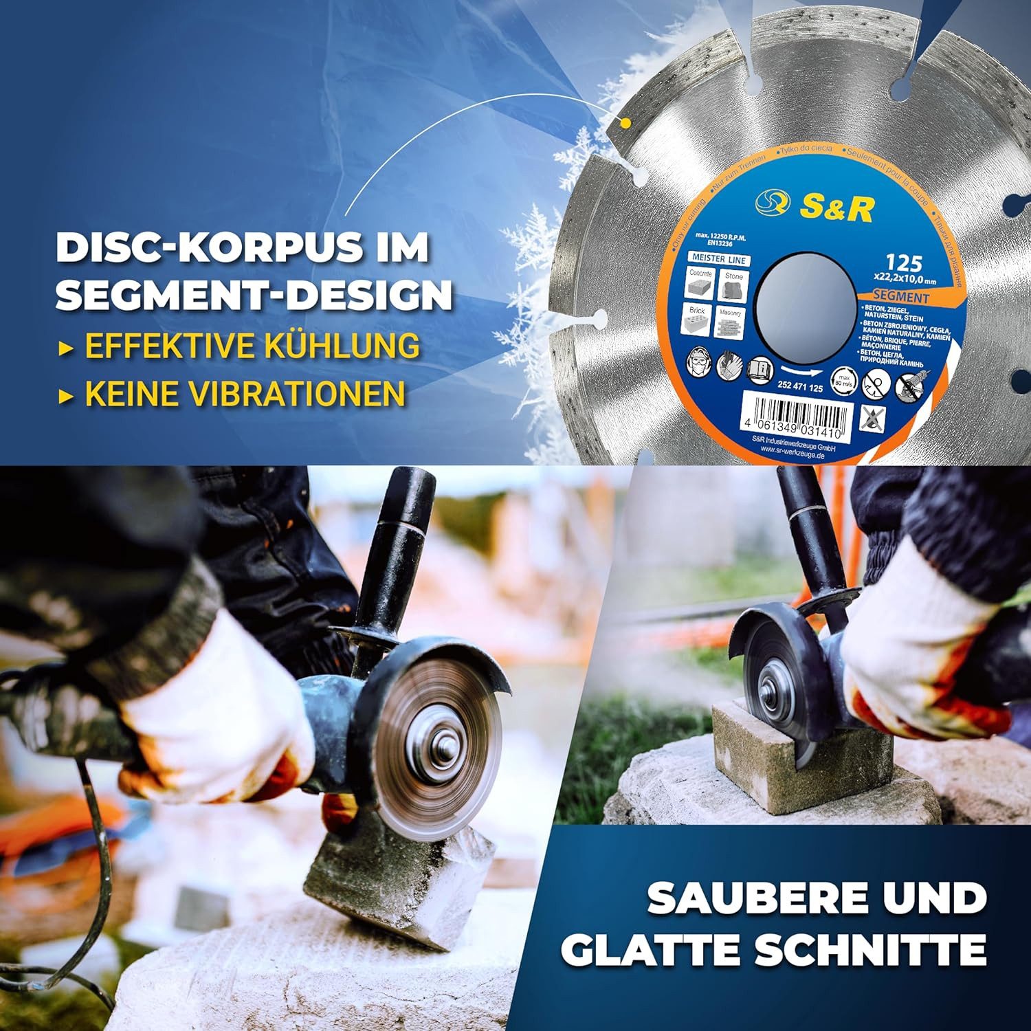 S&R Diamanttrennscheibe 125 x 22,2 mm, Profi Qualität, Hochleistungs-Segmente, UNIVERSAL, Ø 125 mm, zum Trennen von Beton, Naturstein, Stein, Ziegel, Mauerwerk