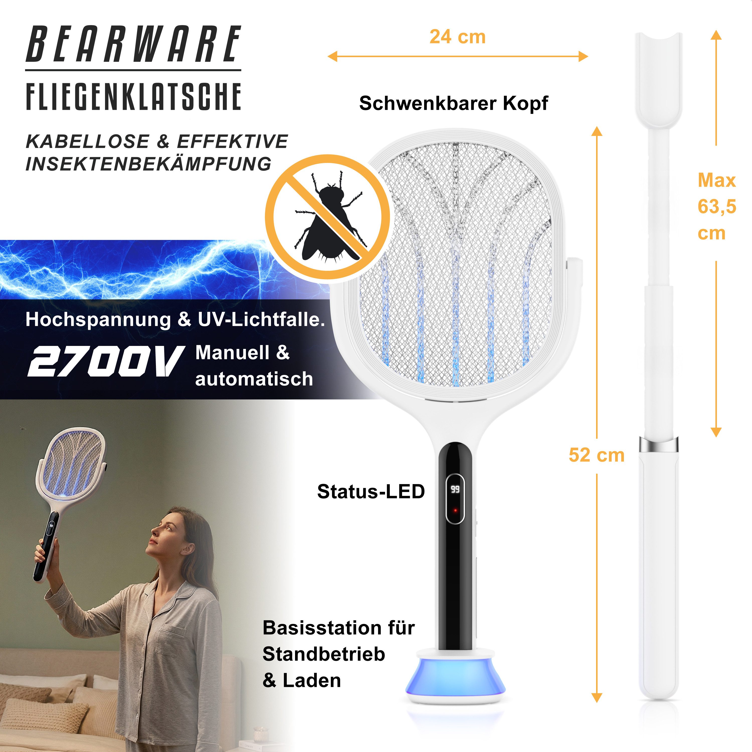 BEARWARE Fliegenklatsche elektrisch, Insektenklatsche mit UV-Falle, Insektenbekämpfung, USB-C, 2700 V Hochspannung, AUTO-Modus, Akku-Display, rotierendes Kopfdesign