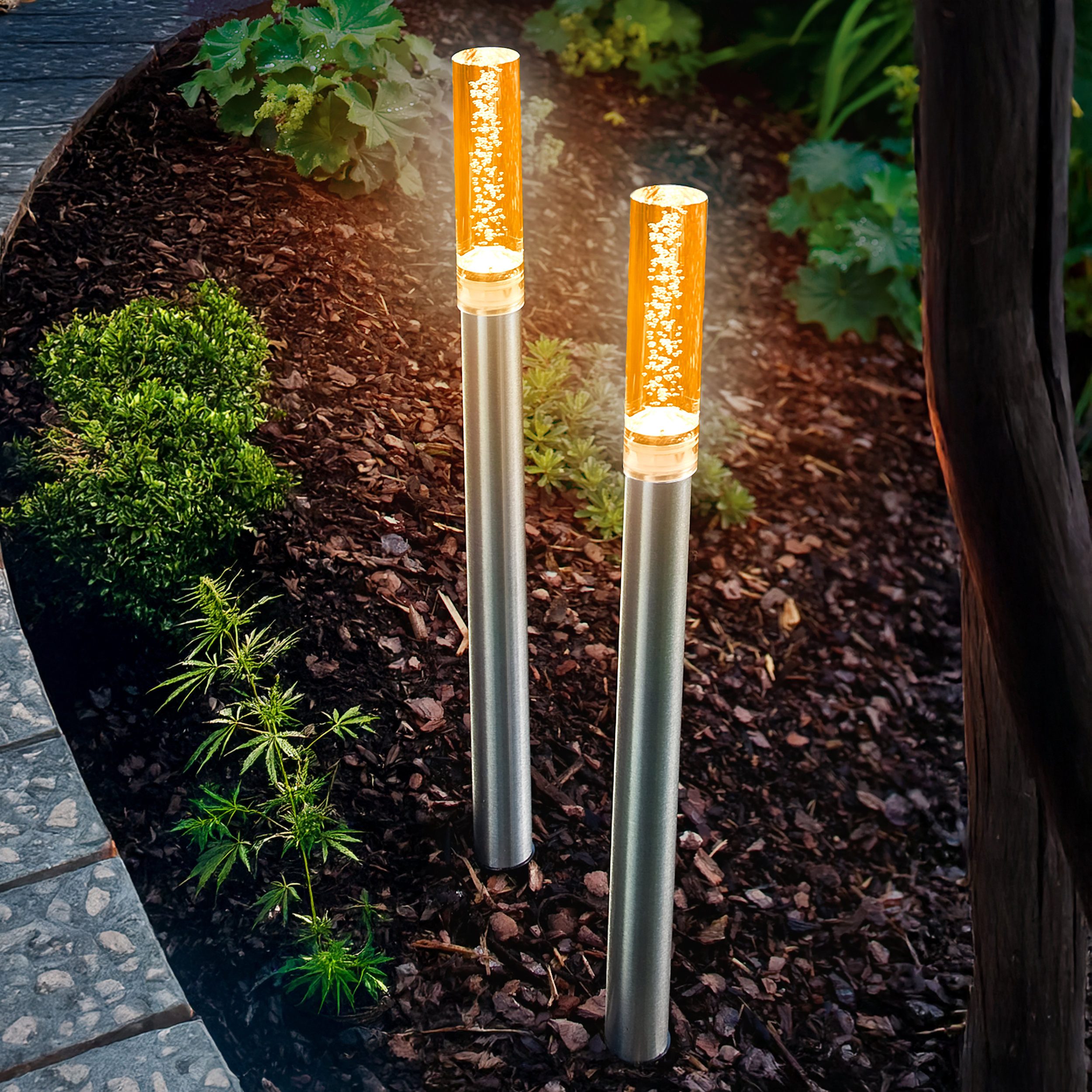 esotec LED Gartenleuchte 2x Solar Steckleuchten TWINS H35cm 0,55lm bernstein-LEDs außen 103307, automatisches Einschalten bei Dämmerung, LED fest integriert, bernstein