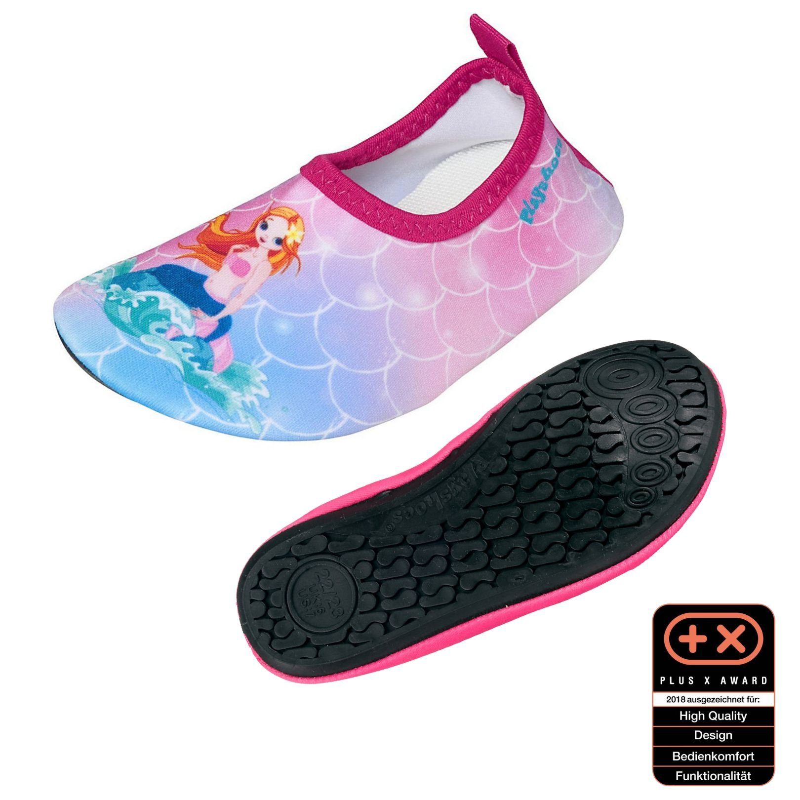 Playshoes Badeschuhe Wasserschuhe Schwimmschuhe, Barfuß-Schuh Passform, rosa mit Sohle flexible Motiv Badeschuh rutschhemmender Meerjungfrau