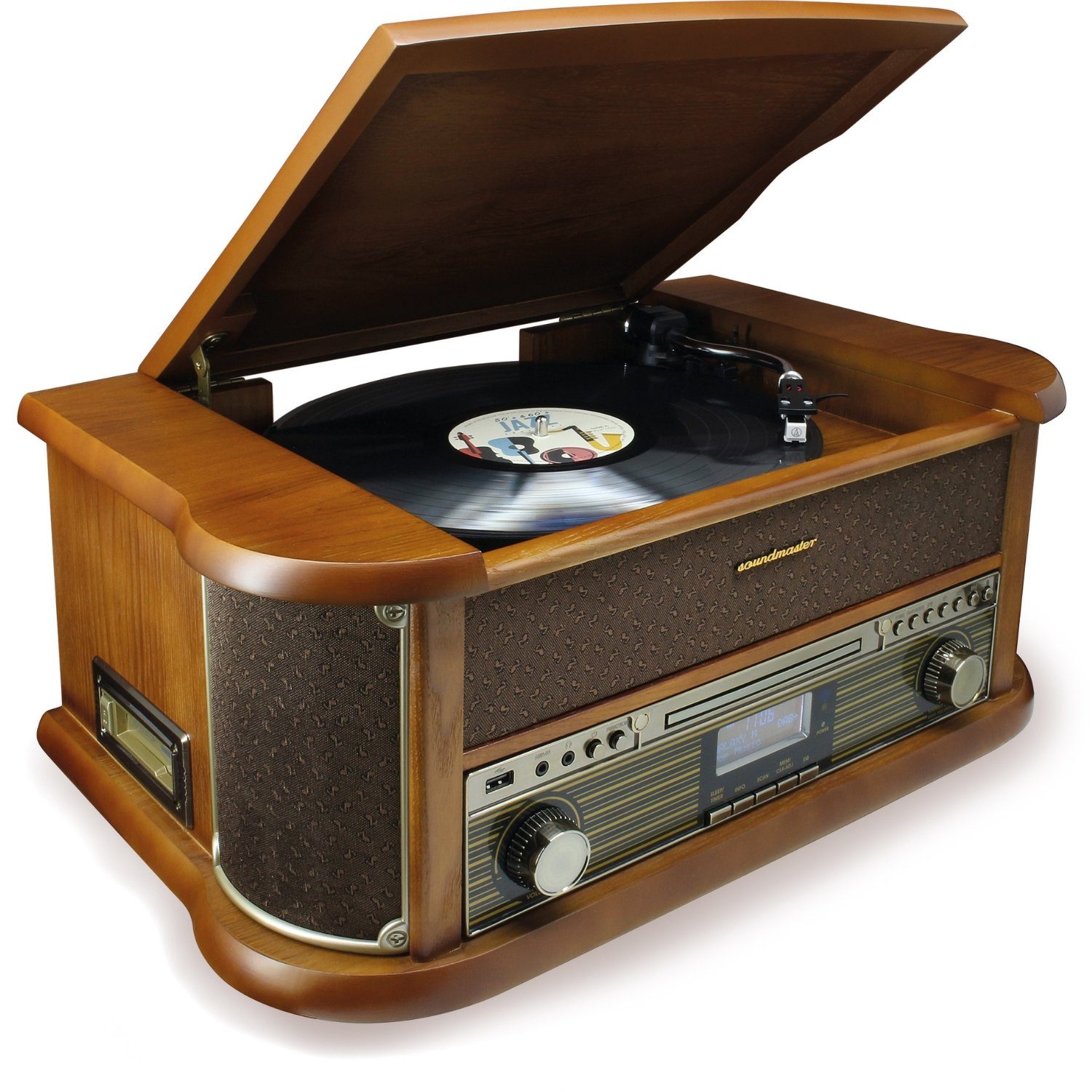 Soundmaster NR566BR Retro Проигрыватели DAB+ CD-Player USB Kassette Bluetooth Multifunktionsspieler (Digitalisieren auf USB MP3, Premium audio-technica Nadel, Nostalgie)