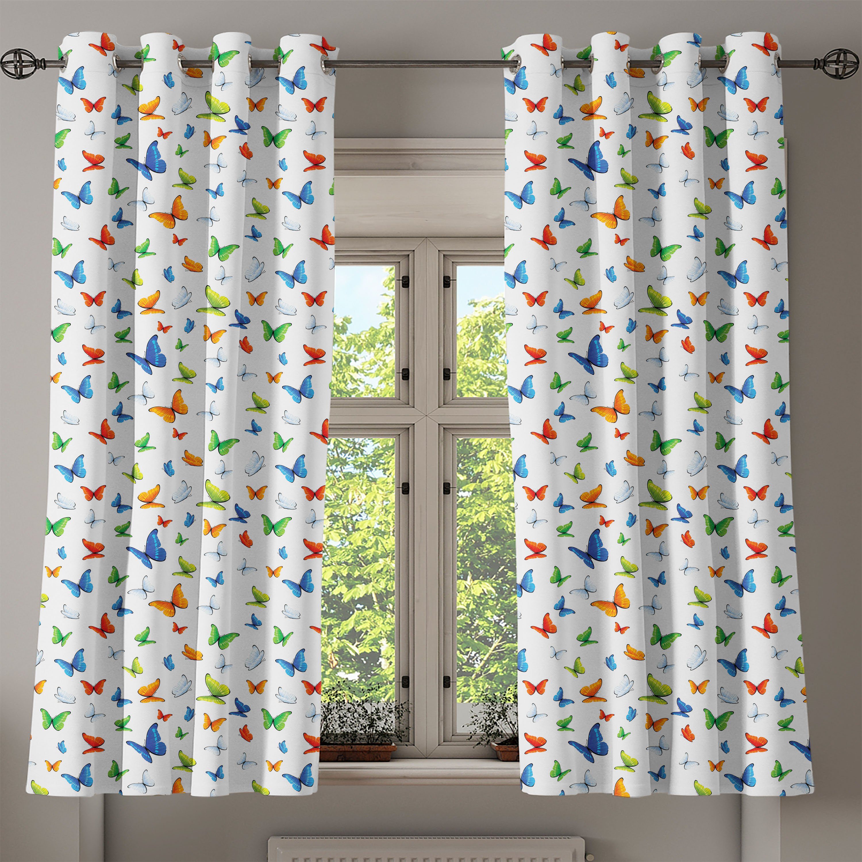 2-Panel-Fenstervorhänge Schmetterlinge für Wohnzimmer, Abakuhaus, Schlafzimmer Bunt Dekorative Tier Gardine