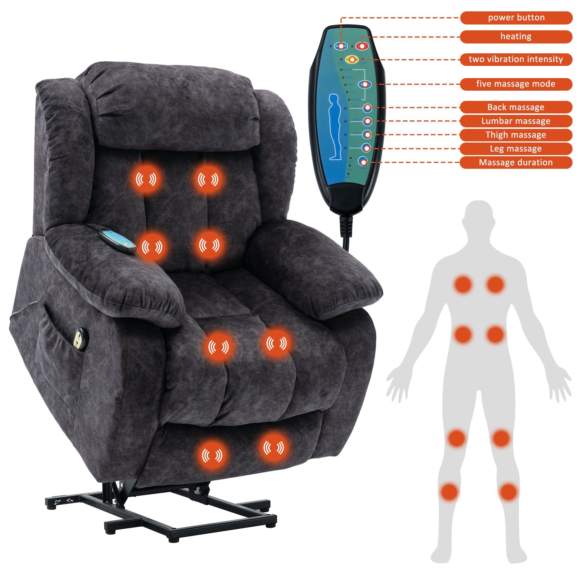 USB-verstellbar, Merax Grau mit und Massagesesel beheizt TV-Sessel, Vibration, Wärme