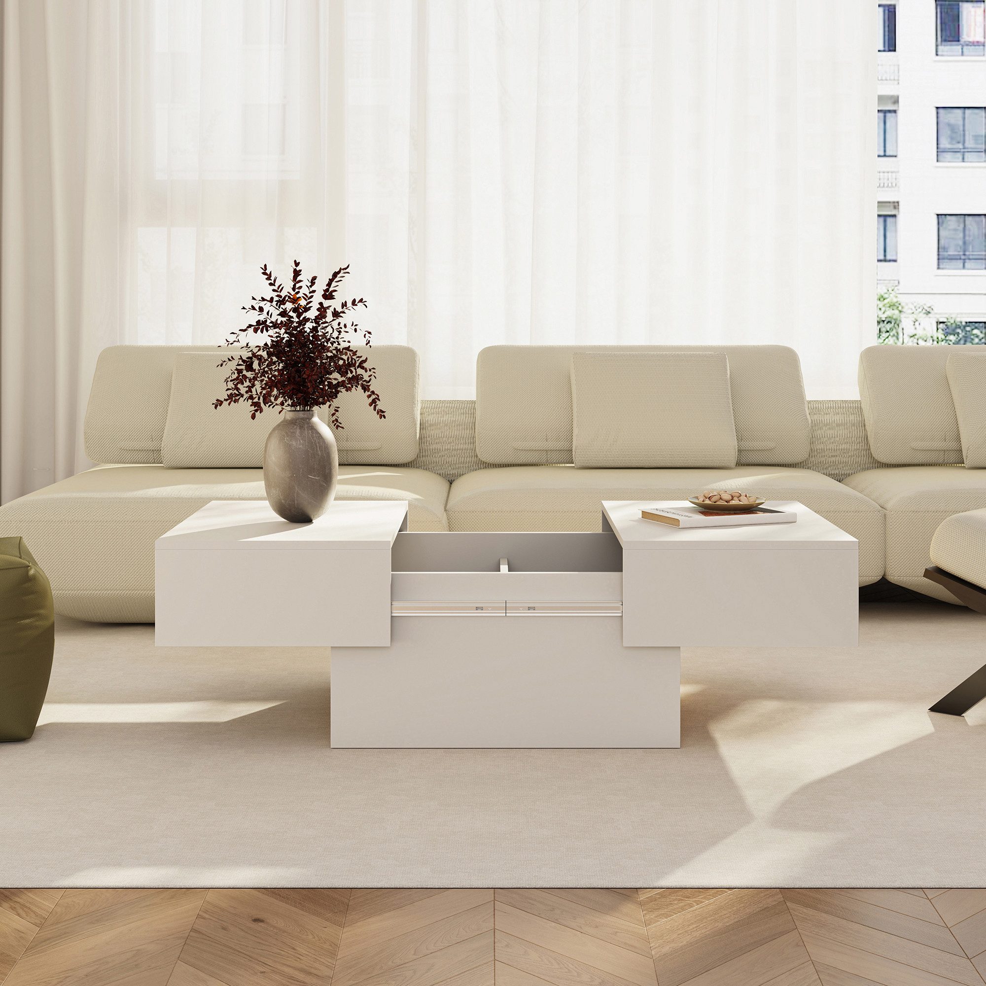 en.casa Couchtisch, ausziehbar »Lens« mit Stauraum 80x60x36 cm Weiß