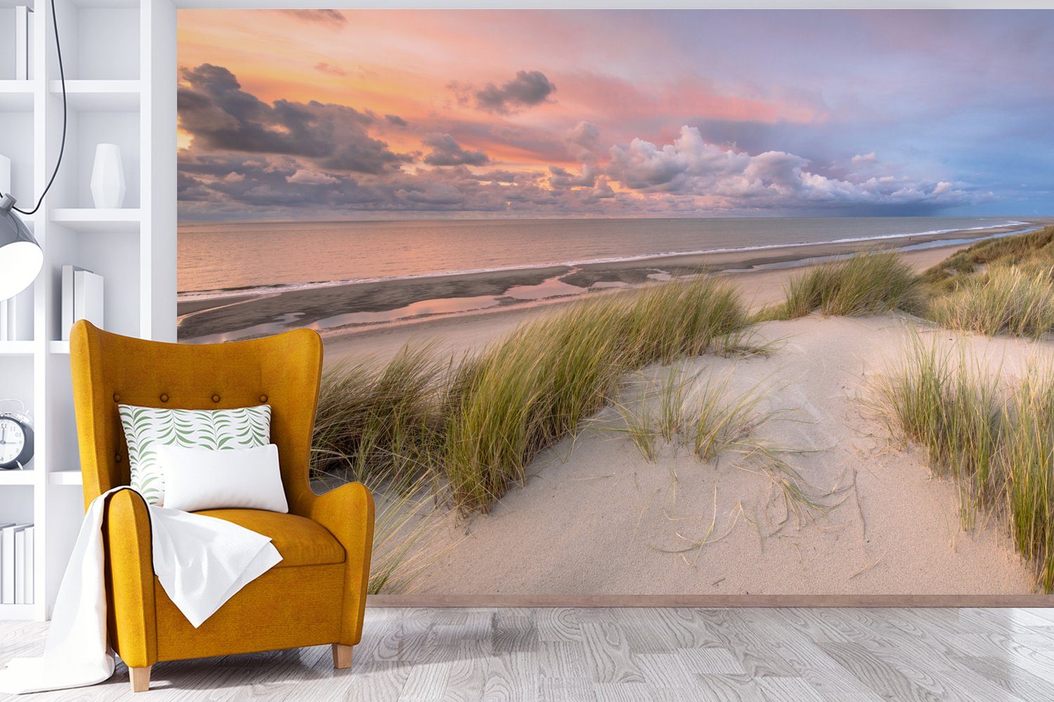 MuchoWow Fototapete Strand - Meer - Niederlande Wallpaper Vinyl - Wohnzimmer, - (6 Schlafzimmer, für bedruckt, St), Dünen Rosa, Tapete Matt, Kinderzimmer