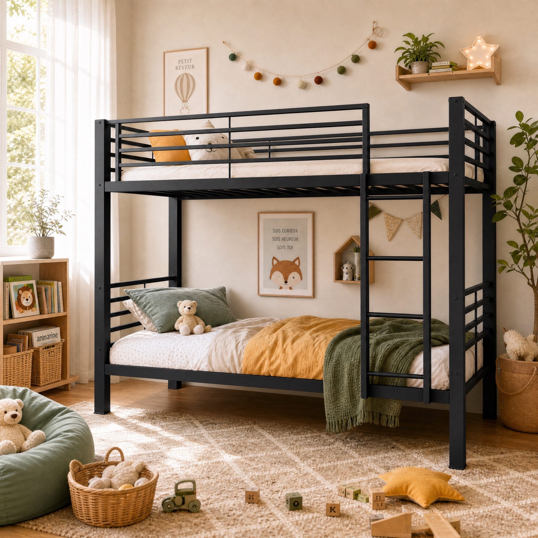 Odikalo Etagenbett Metall-Jugendbett 90x200 Stockbett Umbaubar zu 2 Einzelbetten Schwarz (Belastbar bis 350kg (150/200kg) Geräuschfreies Metallbett mit Lattenrost & Leiter links/rechts montierbar)