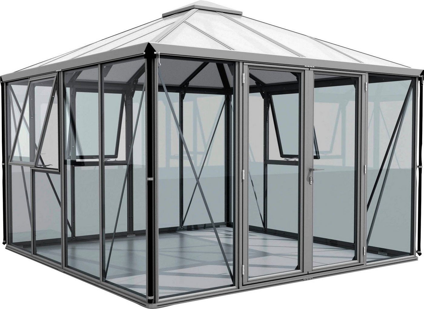 Vitavia Gewächshaus Minos ESG/HKP, schwarz, BxTxH: 317 x 321,5 x 264,5 cm, 3 mm Wandstärke, Premium mit Pavillondach, 3 mm Sicherheitsglas, Dach 10 mm Hohlkamme silberfarben Vitavia Gewächshaus Minos ESG/HKP, schwarz, BxTxH: 317 x 321,5 x 264,5 cm, 3 mm Wandstärke, Premium mit Pavillondach, 3 mm Sicherheitsglas, Dach 10 mm Hohlkamme silberfarben