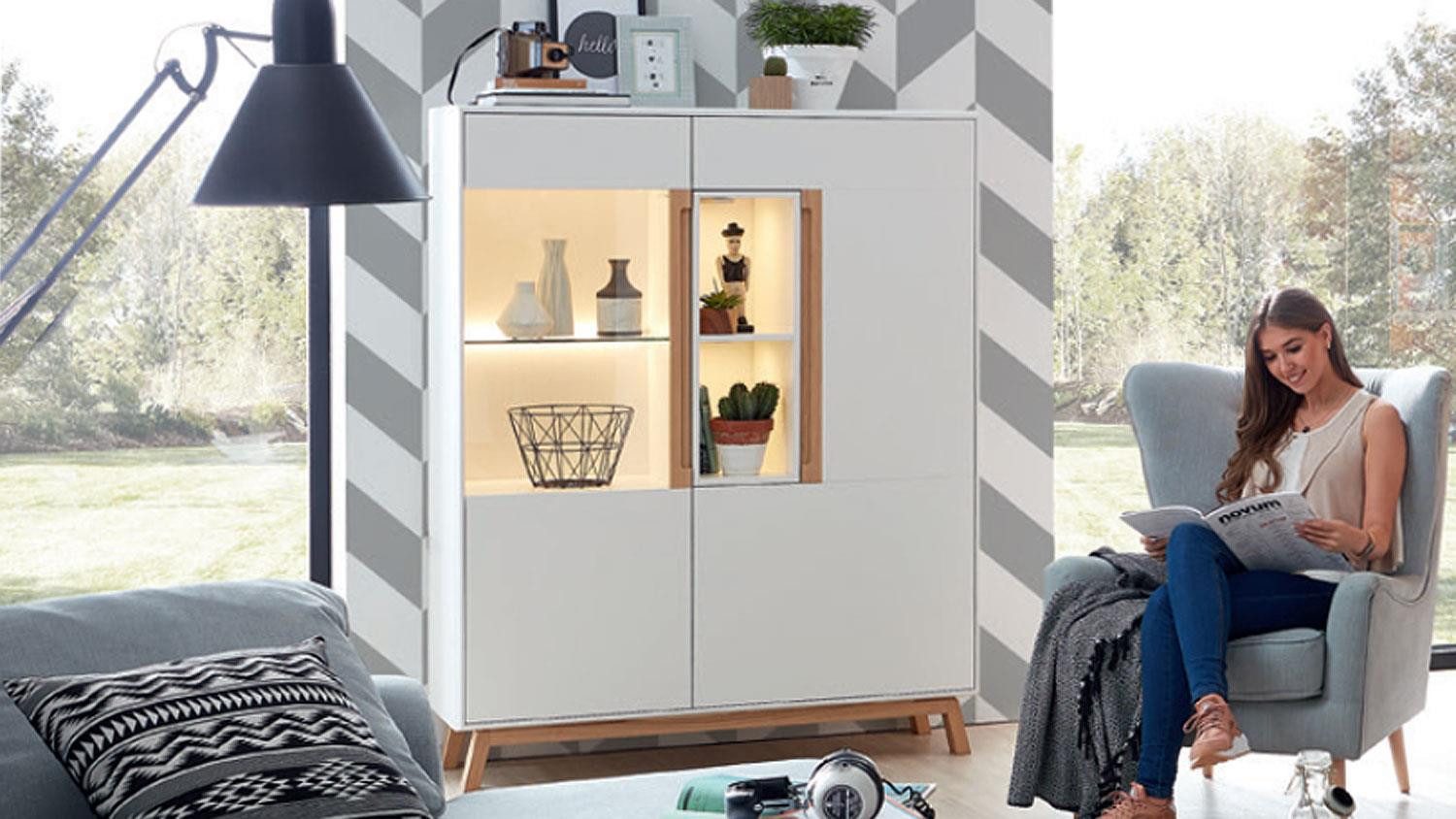 Lifestyle for Home Highboard Highboard LIGHT LINE 5 weiß matt Lack Gestell Eiche massiv