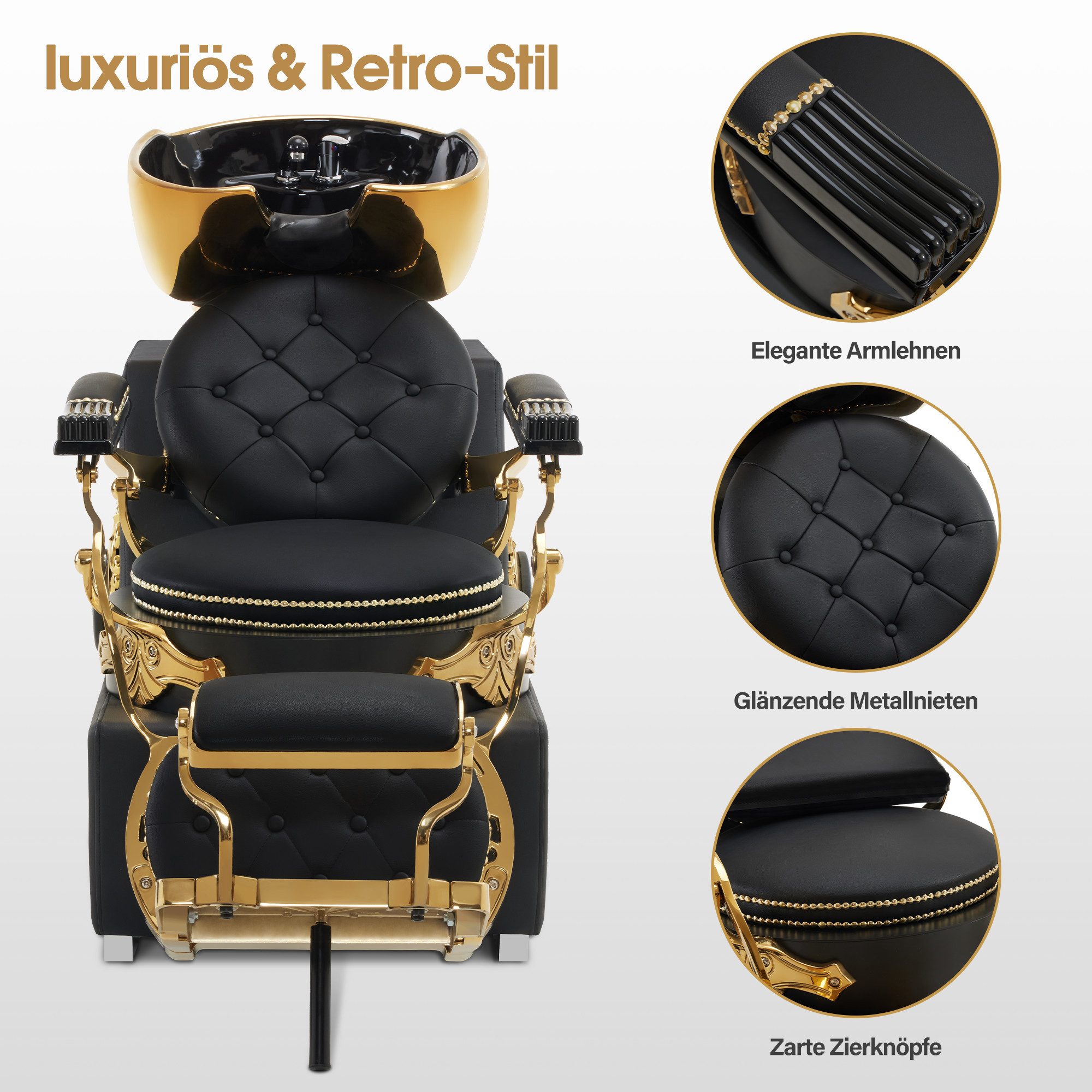 Barberpub Waschbecken Barberpub Friseurstuhl mit Waschbecken Retro 8024, verstellbare Waschbecken, drebare Fußstütze, korrosionsbeständig