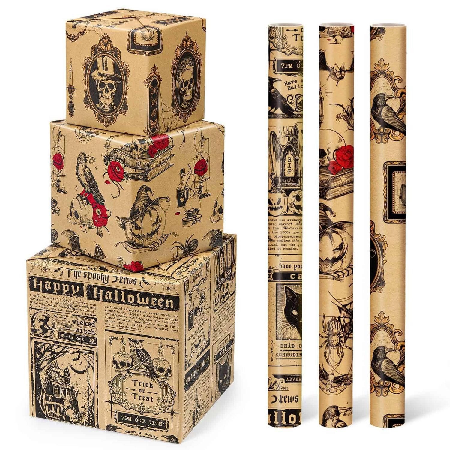 LuxusKollektion Geschenkpapier Geschenkpapier Halloween 3 Rollen 43x300cm Kraft Vintage Gothic