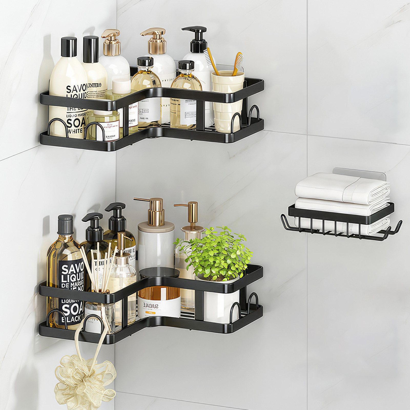 BlingBin Duschregal Ecke ohne Bohren Badezimmer Organizer, Badregal 3 Stück, Schwarz, 1er Set 1-tlg., Shampoo Halterung für Dusche, Duschkörbe & Duschablagen, Selbstklebend