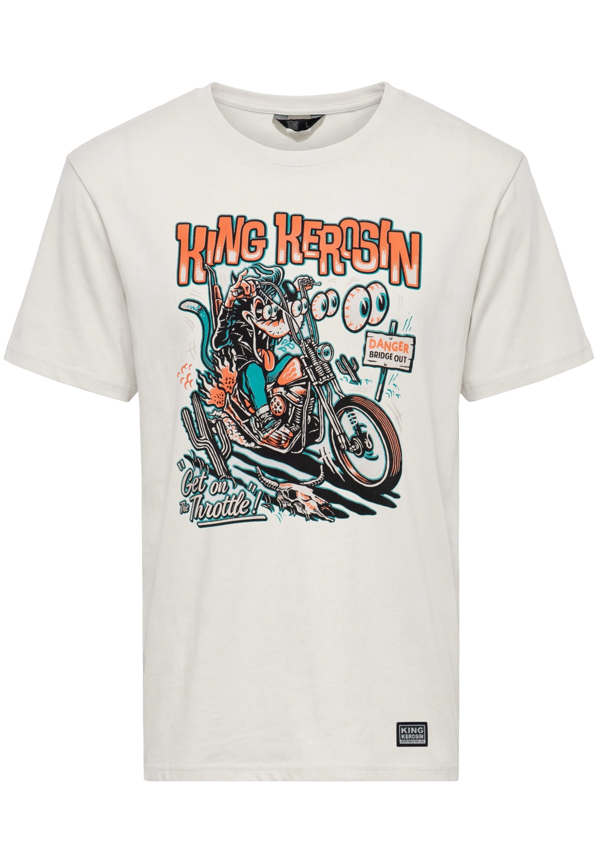 KingKerosin Print-Shirt Get on the Throttle Großflächiger Comic-Print mit Chopper-Motiv