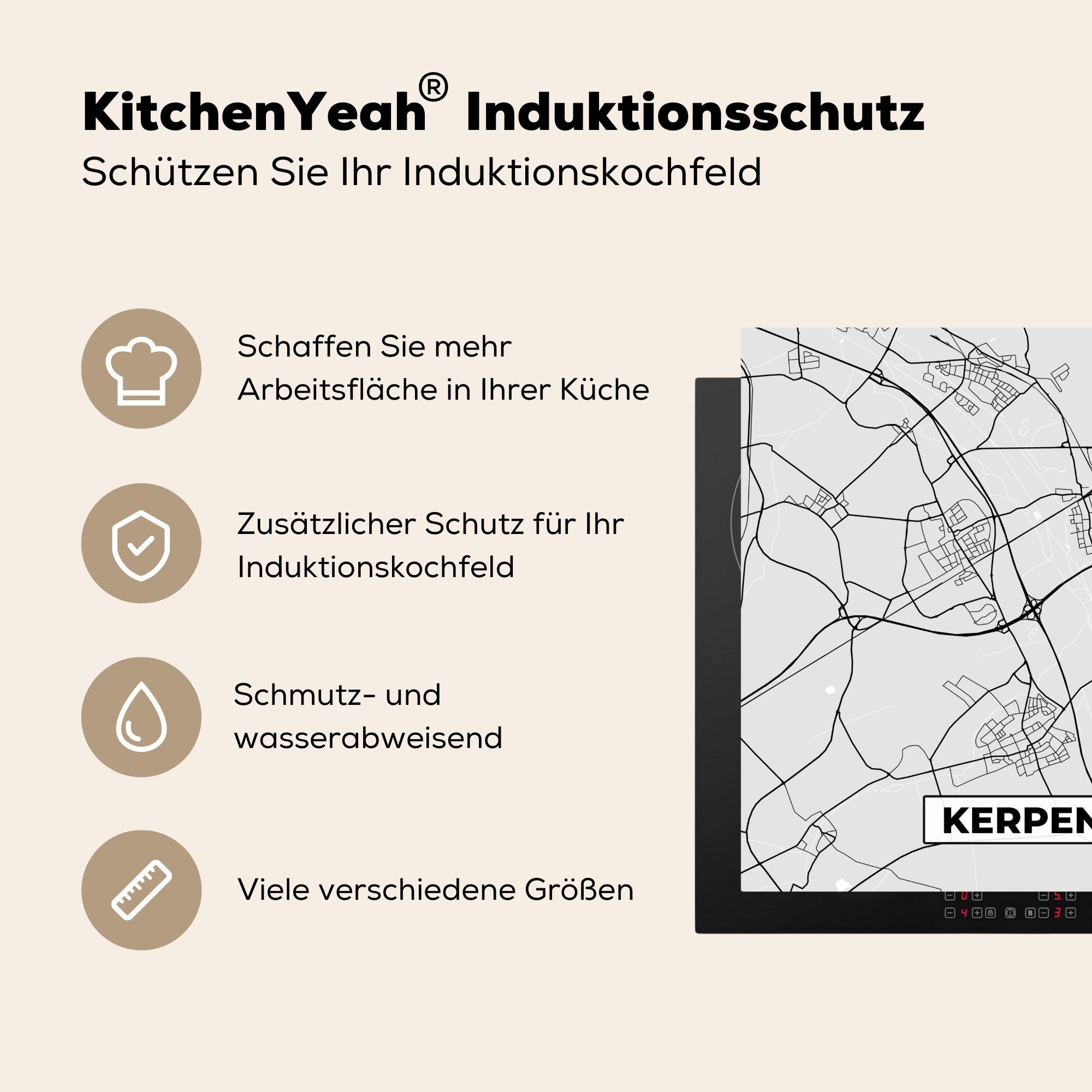- Arbeitsplatte cm, - MuchoWow für Karte Kerpen Stadtplan - - 78x78 Ceranfeldabdeckung, tlg), küche Deutschland Vinyl, Herdblende-/Abdeckplatte Karte, (1
