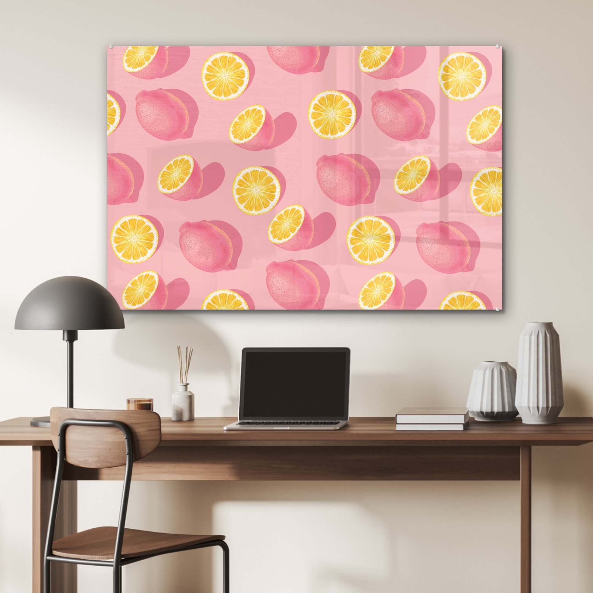 MuchoWow Acrylglasbild Sommer - (1 Schlafzimmer St), Wohnzimmer Acrylglasbilder Rosa Zitrone - & Gelb, 