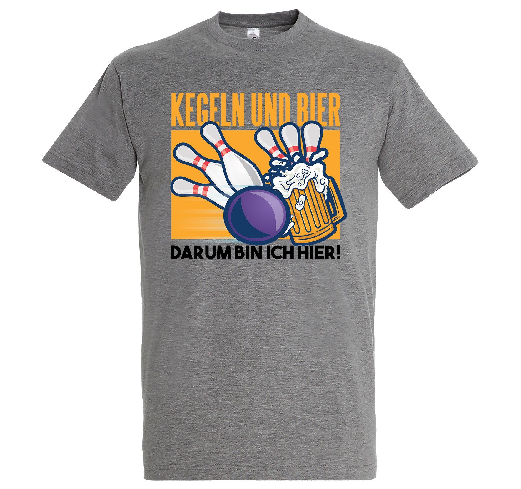 T-Shirt Darum Frontprint Hier" Ich T-Shirt Herren Bier, Bin "Kegeln Youth Grau lustigem mit Und Designz