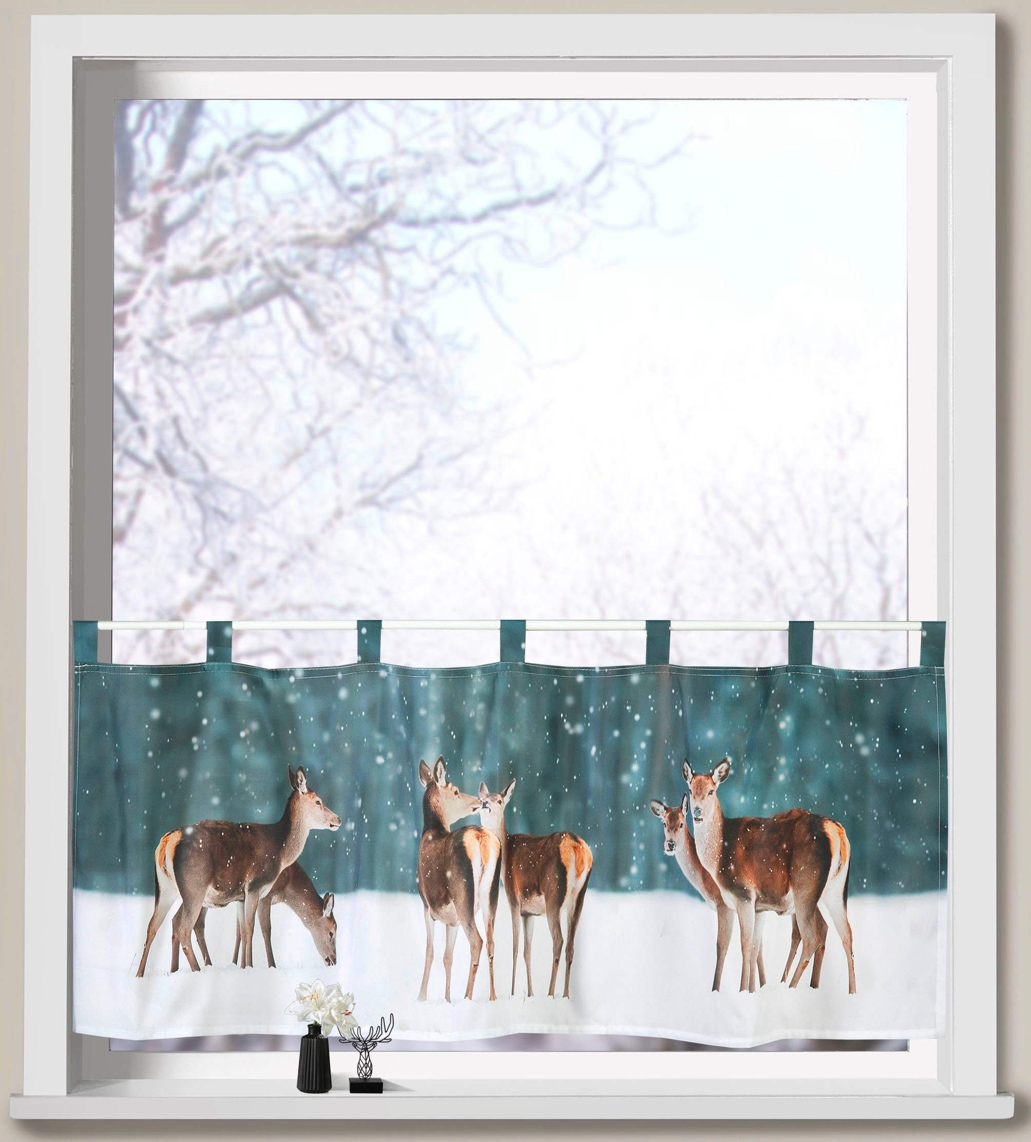 Scheibengardine Hirsche im Schnee