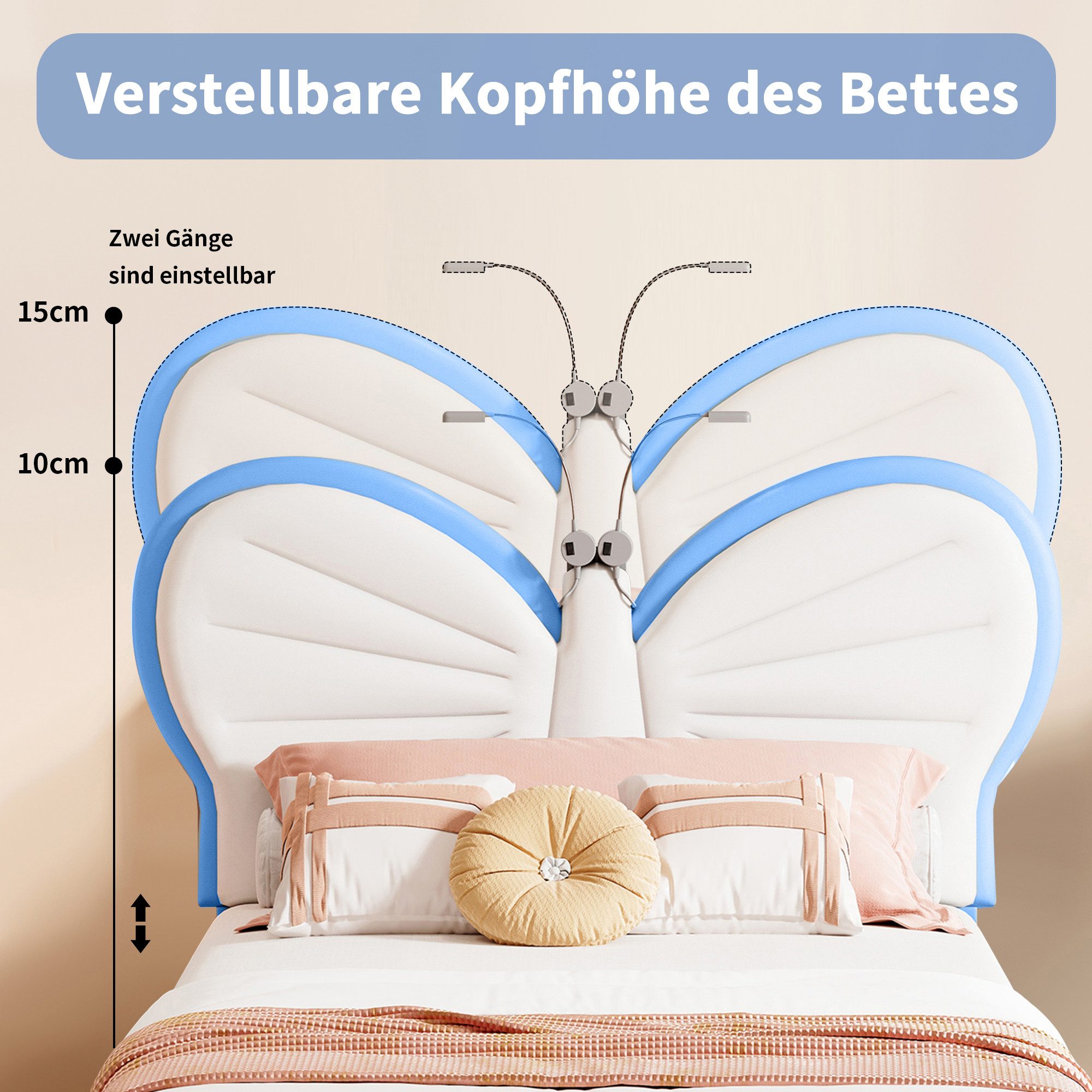 PXloue Polsterbett LED Beleuchtung Kinderbett Einzelbett Schleife am Kopfteil 90x200cm, Leselampe, Lattenrost, Samt, 90x200cm