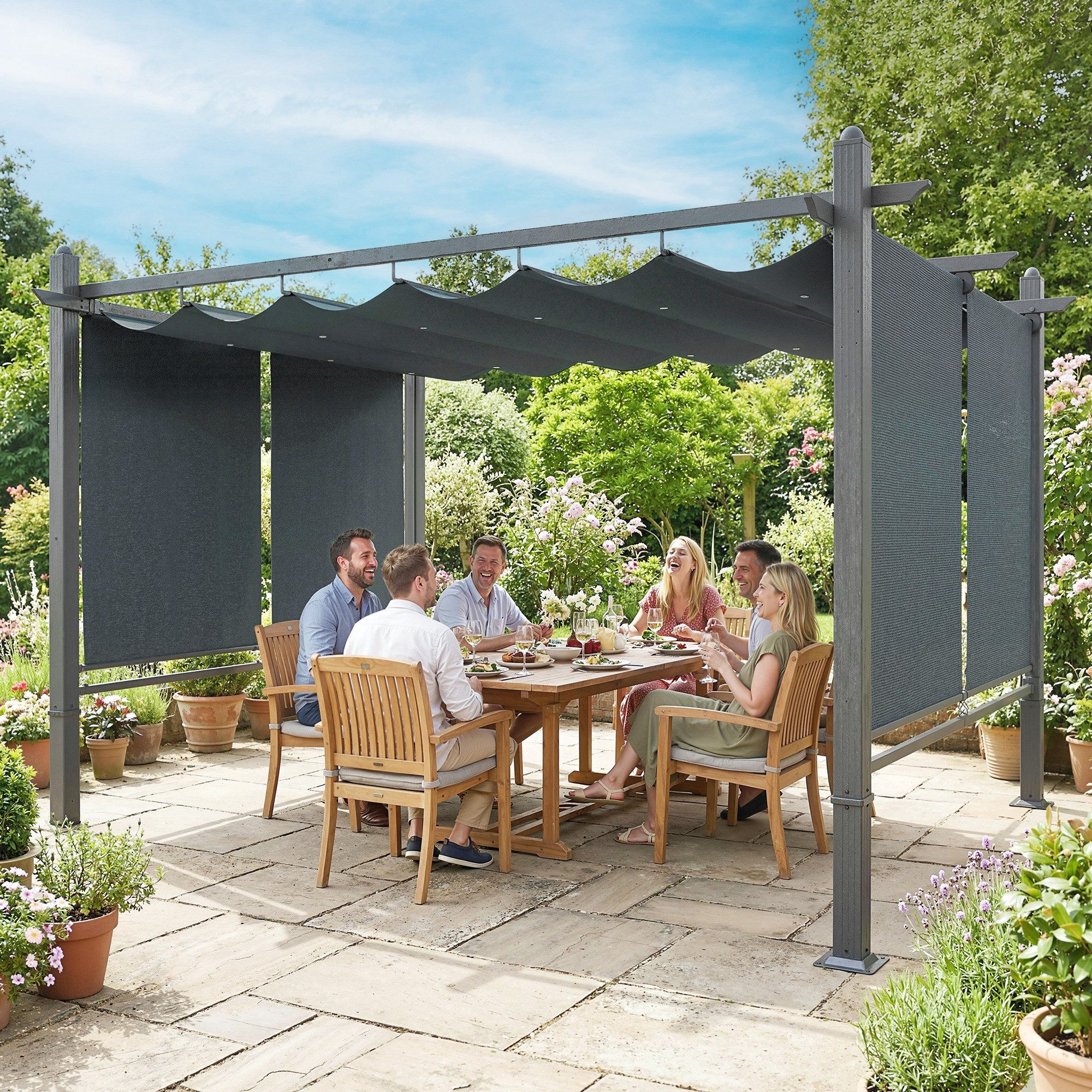 Outsunny Pergola mit Schiebedach, automatisch einziehbaren Rollos, BxTxH: 297x297x225 cm, (Überdachung, 1-tlg., Terrassenüberdachung), Sonnenschutz für Terrasse Garten