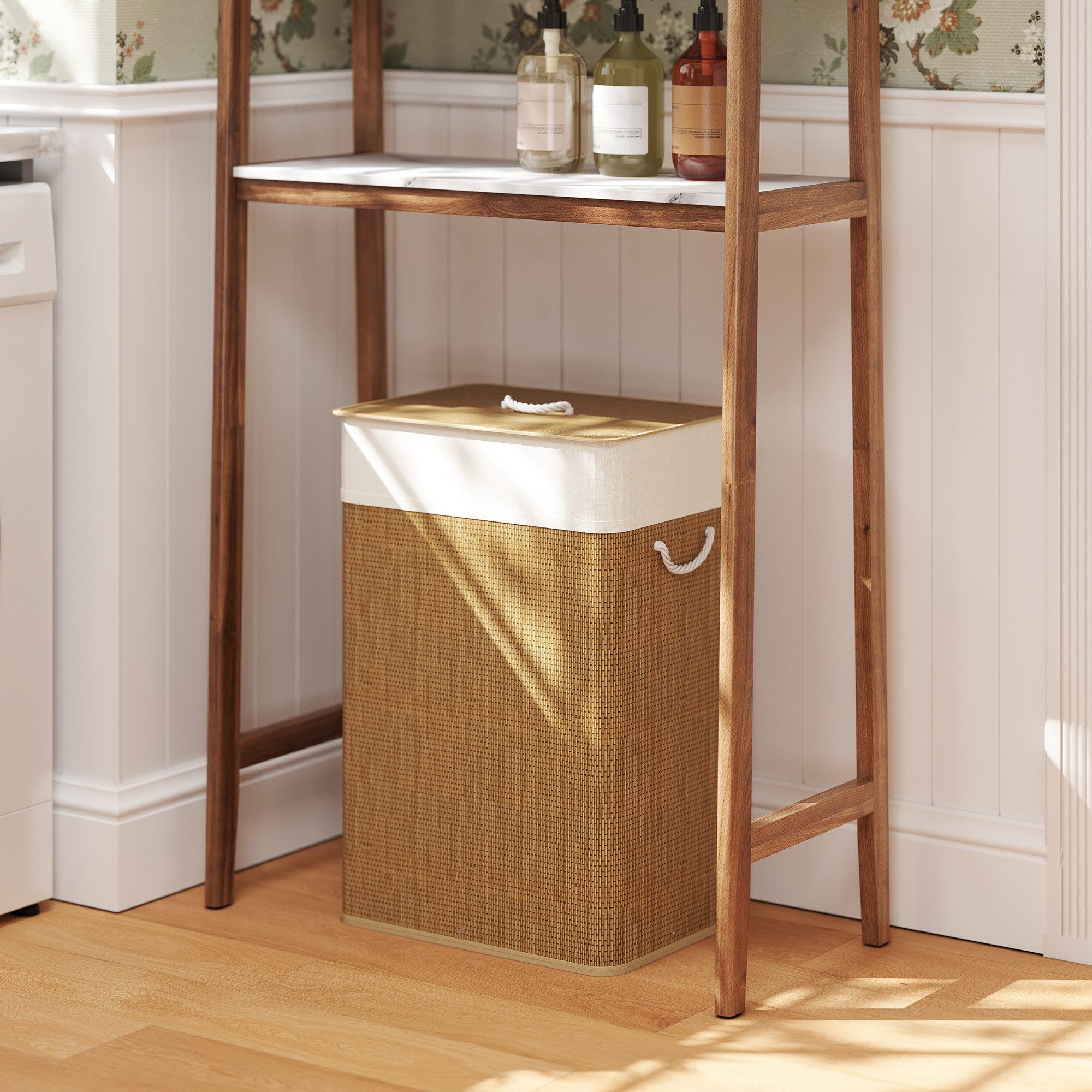 HOMCOM Wäschekorb Bambus Wäschesammler mit Deckel und herausnehmbarem Wäschesack (Laundry Basket, 1 St., Wäschebox), für Waschküche Schlafzimmer