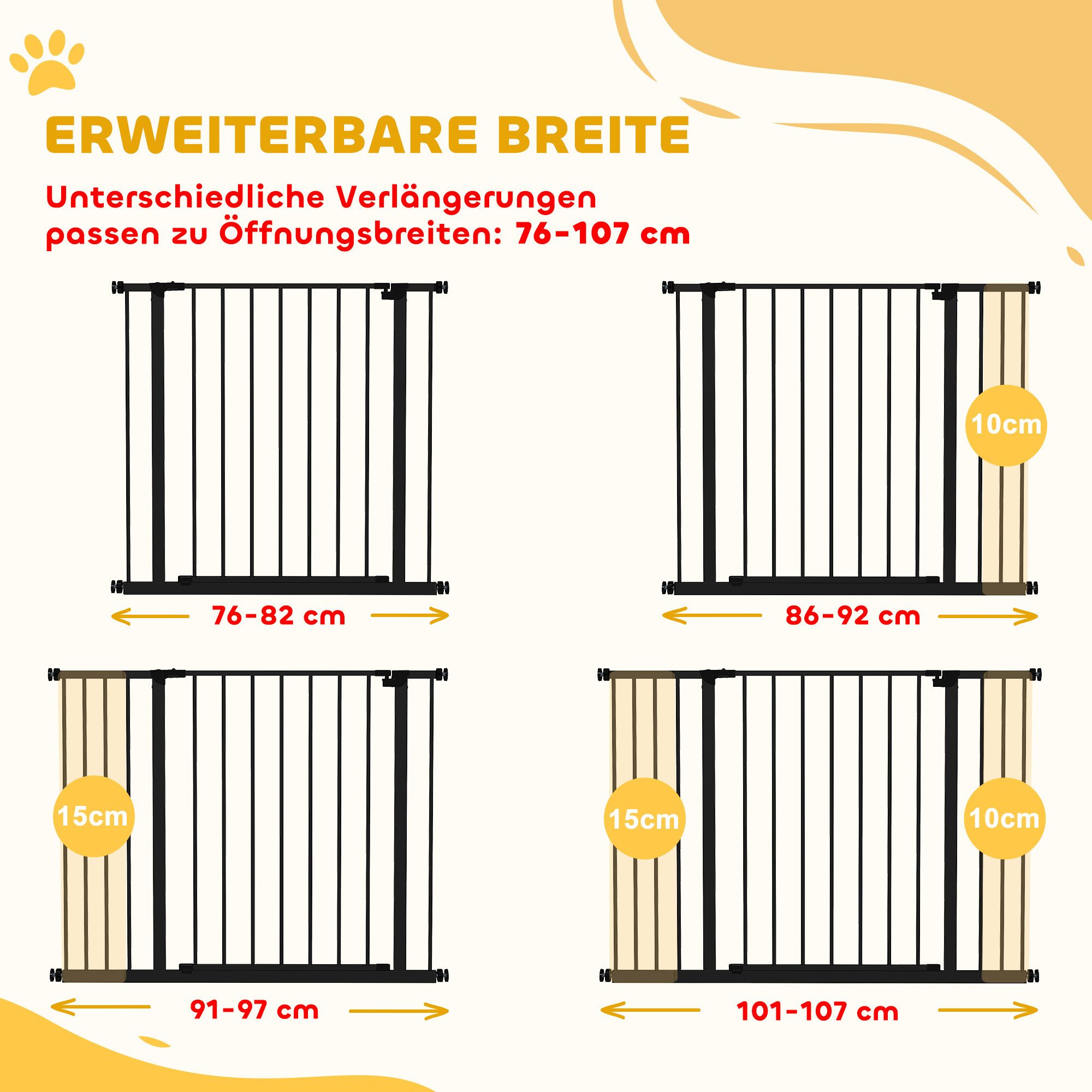 PawHut Hundegitter Türschutzgitter mit 10/15 cm Verlängerung Türgitter ohne Bohren (Treppenschutzgitter, 1 St., Tür-Absperrgitter), für Garten, Balkon, Schwarz – Bild 4 von 5