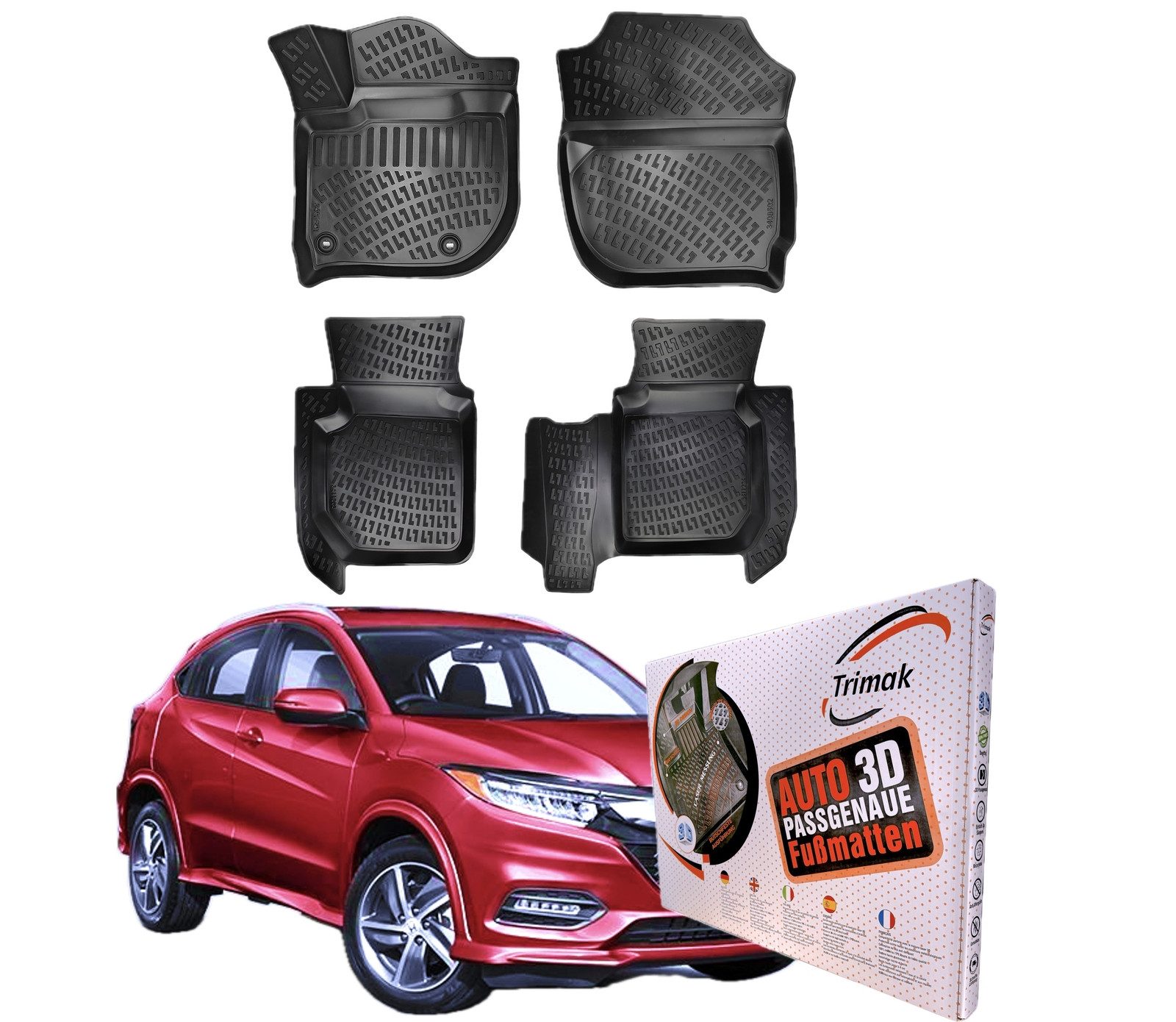 Trimak Passform-Fußmatten Oder Kofferraumwanne Oder Set kompatibel mit Honda HR-V, Honda HR-V 2. Gen. 2014-2021 Gummimatten Auto TPE Allwetter Fussmatten