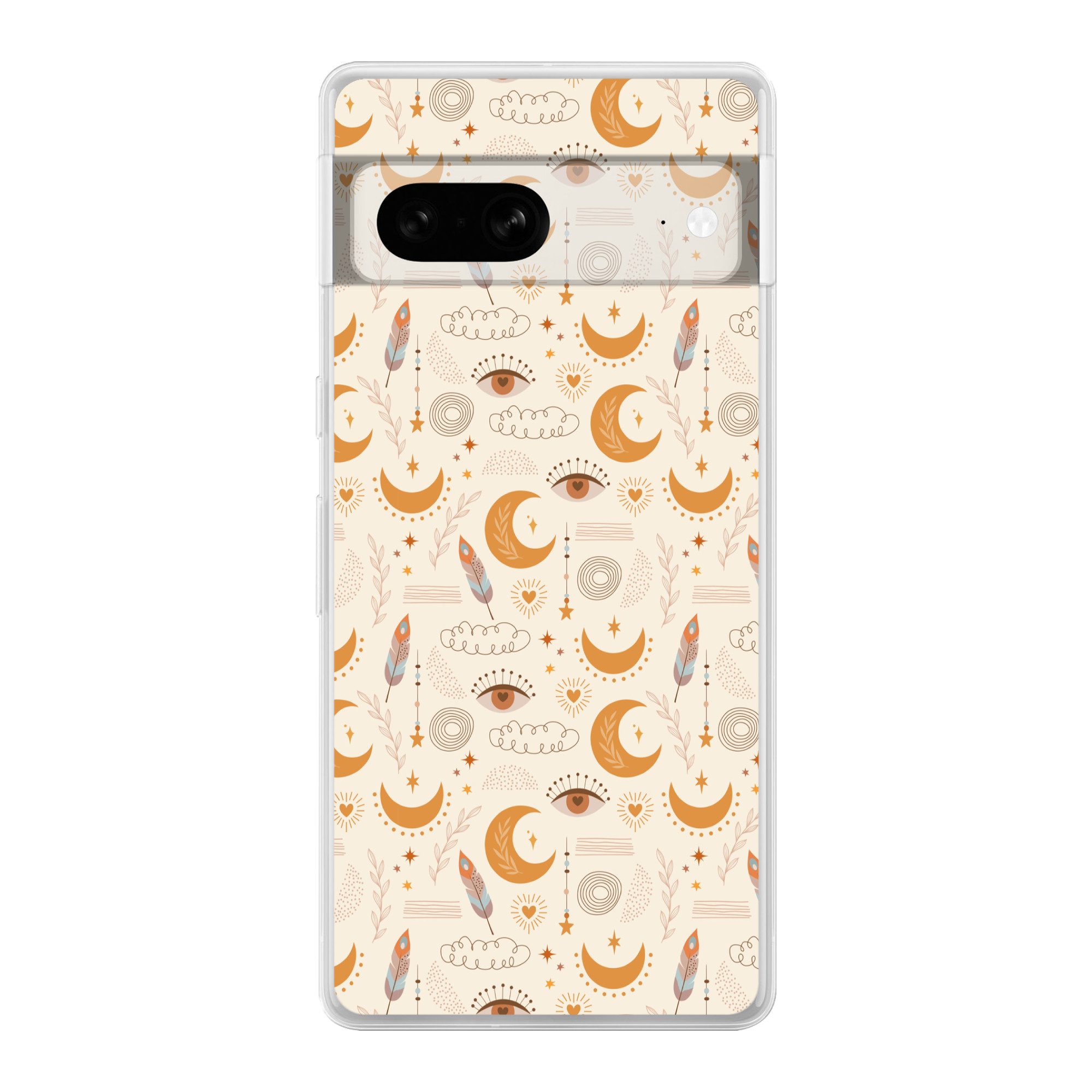 MuchoWow Handyhülle für Google Pixel 7 Boho - Druck - Augen - Mond - Federn - Beige, Phone Case, Silikon, Schutzhülle Dünn